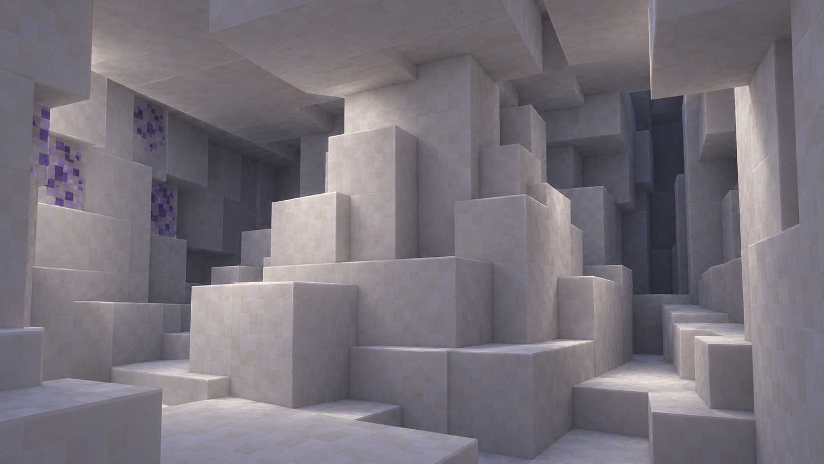 A quiet compact enclosure wraps a substantial irregular stepped quartz mass, with a slender dry shelf and narrow onward crack.