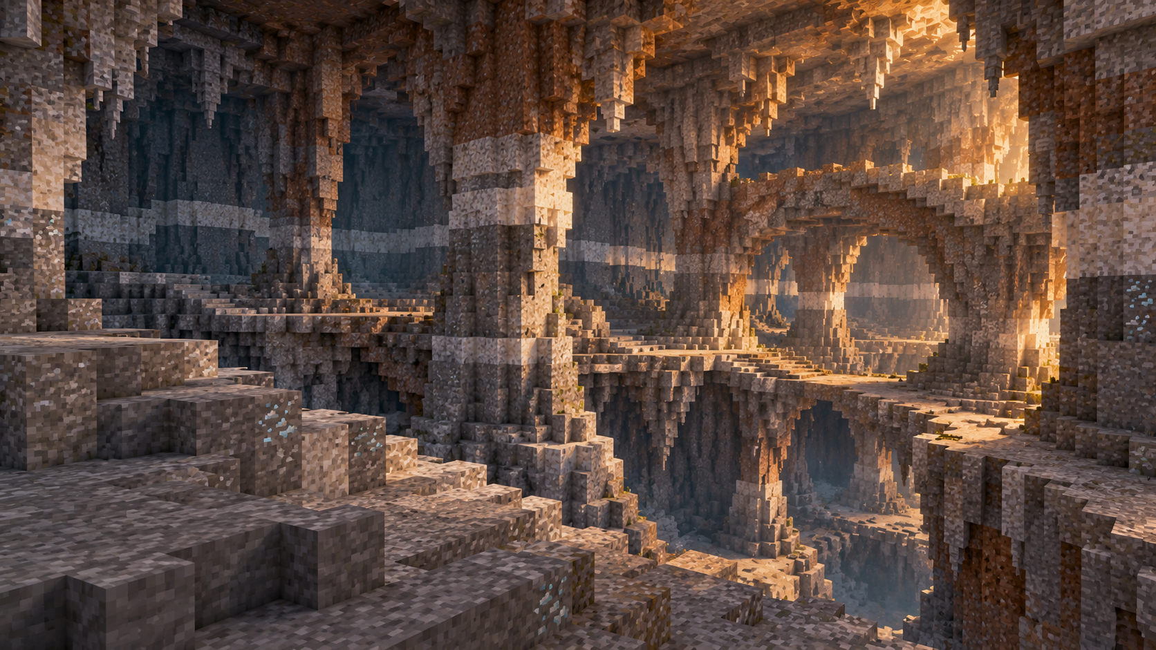 Tiered tuff shelves, a supported natural arch and pale seams in a dry cavern.