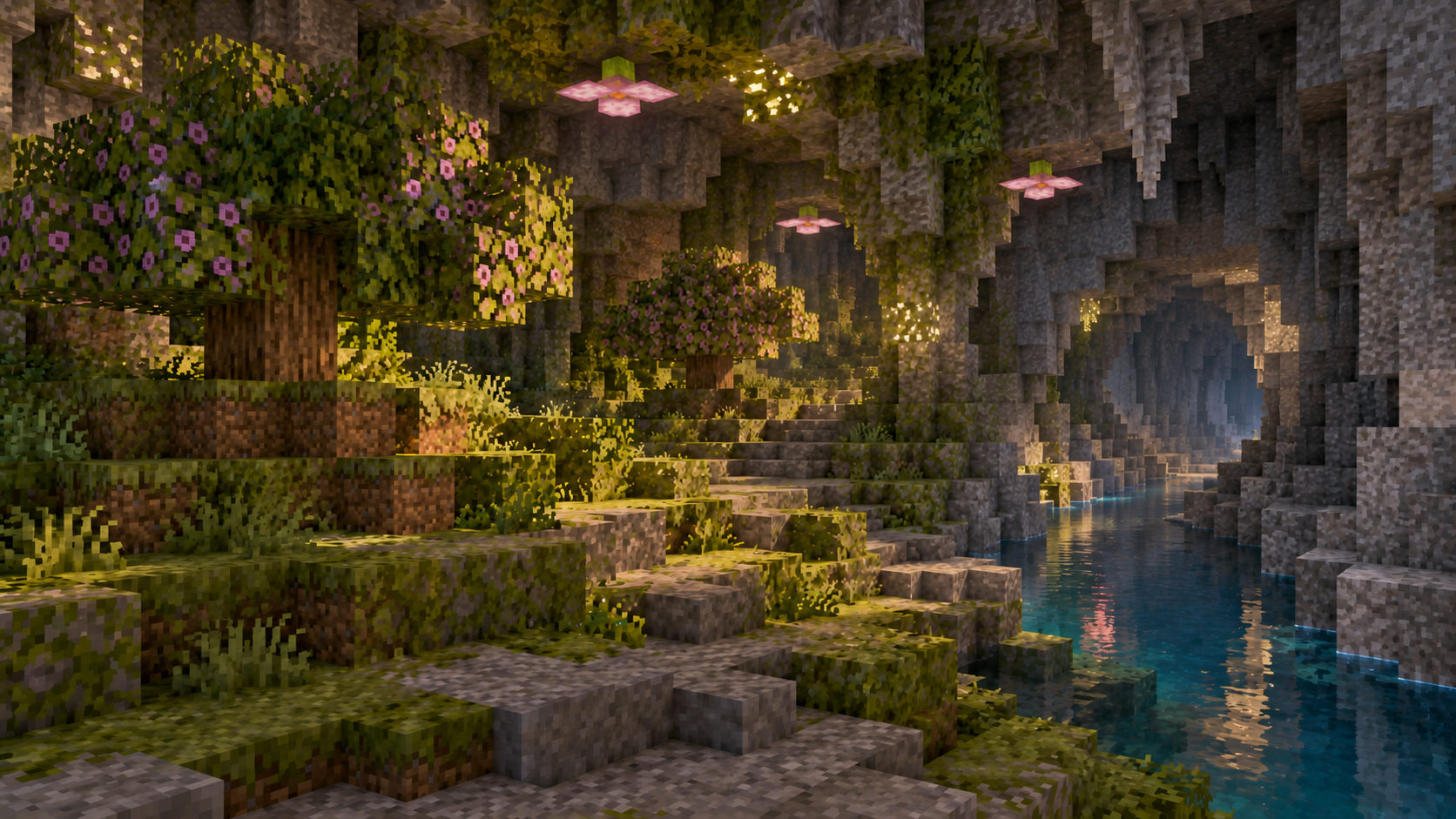 A sheltered azalea and moss grove on rooted terraces beside a river.