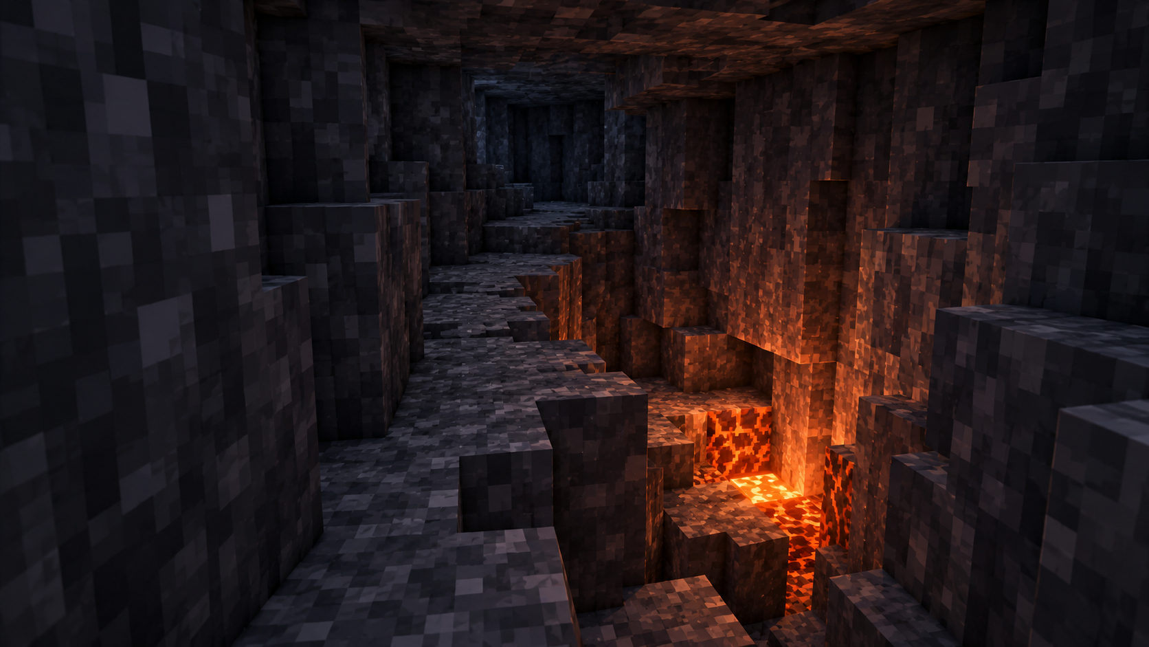 Player-scale ledge travel past a tiny cinder recess below footing, with low roof and close basalt shoulders.