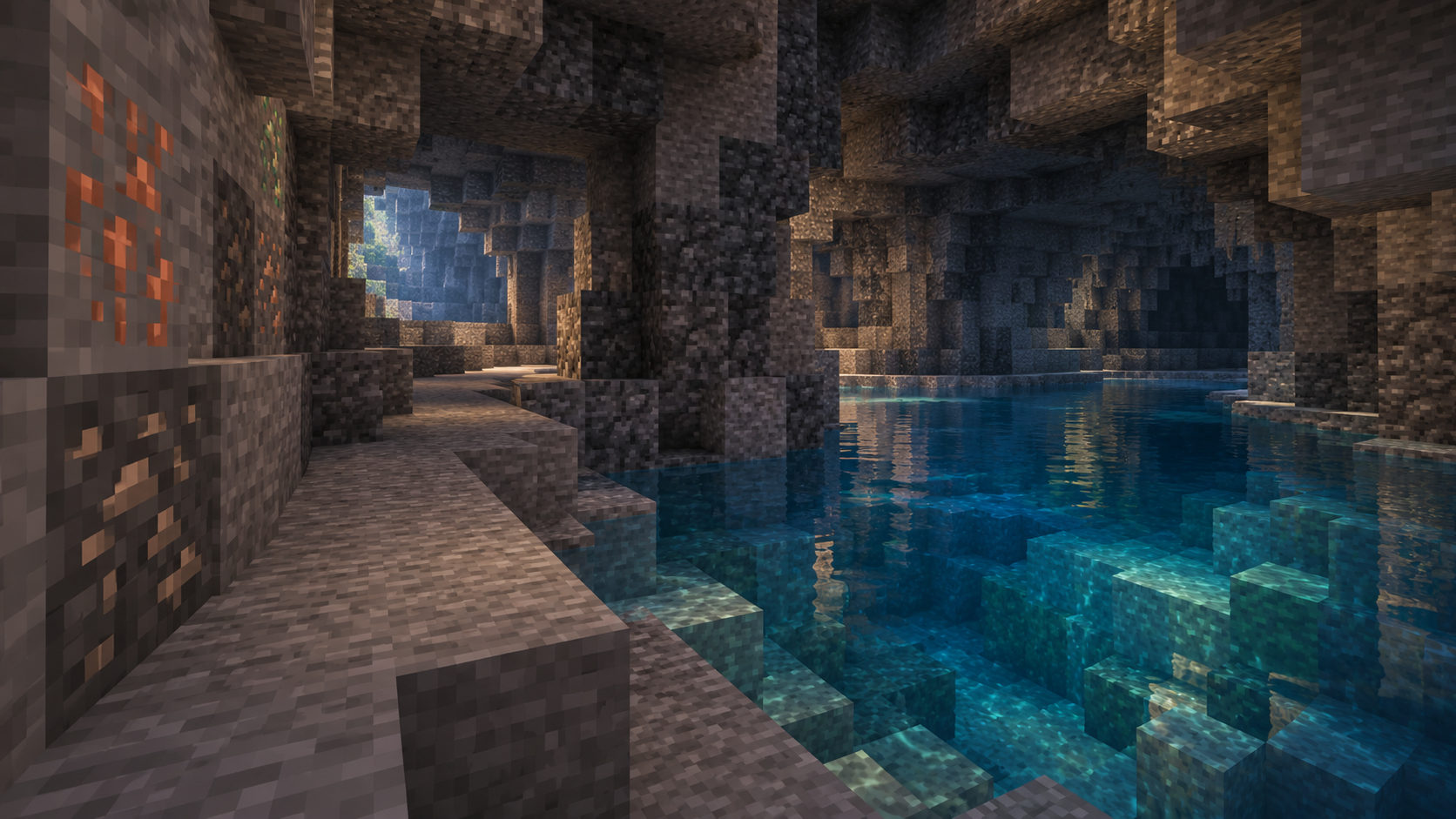 A dry ledge skirts clear underground water, with familiar ore blocks visible along the route.