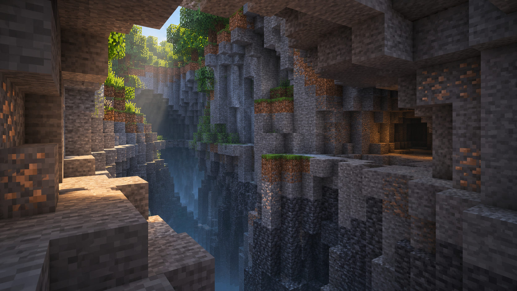 A familiar ravine carries daylight from a forest entrance down toward darker stone.
