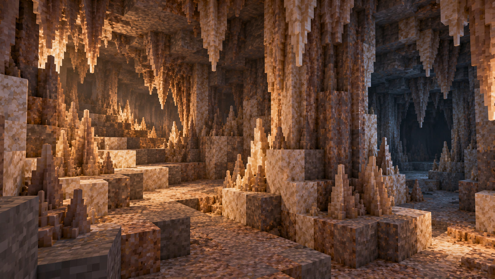 An intimate dry gallery where the player walks around thick dripstone columns and beside clusters, choosing a lit shelf or darker side opening.