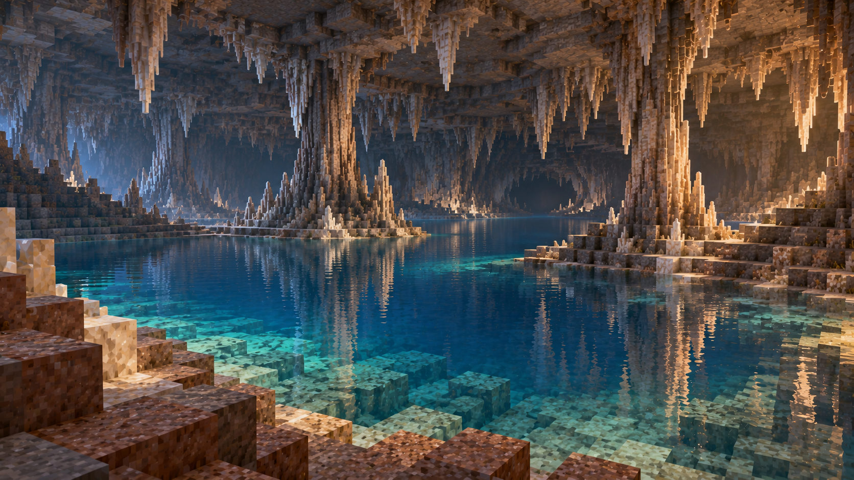 An enclosed stepped lake basin with pillars, shoreline routes and a distant dry opening; clear shallows and reflective deep water reinforce its distinct geology.
