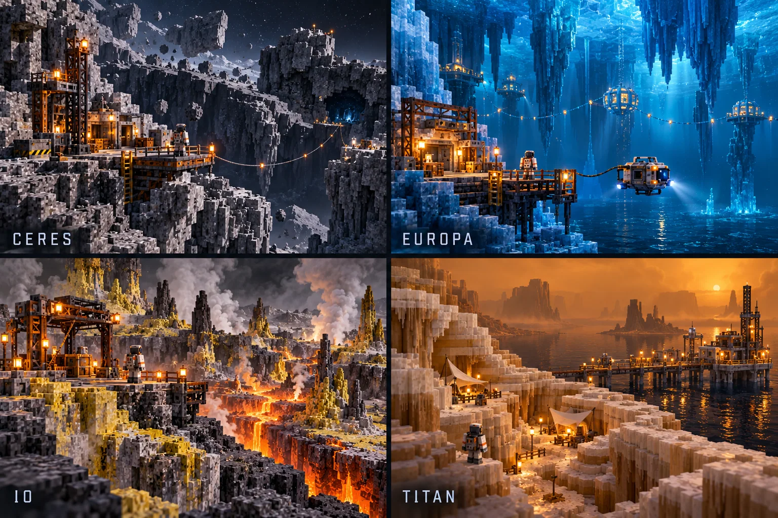 Ceres, Europa, Io, and Titan — four different expeditions