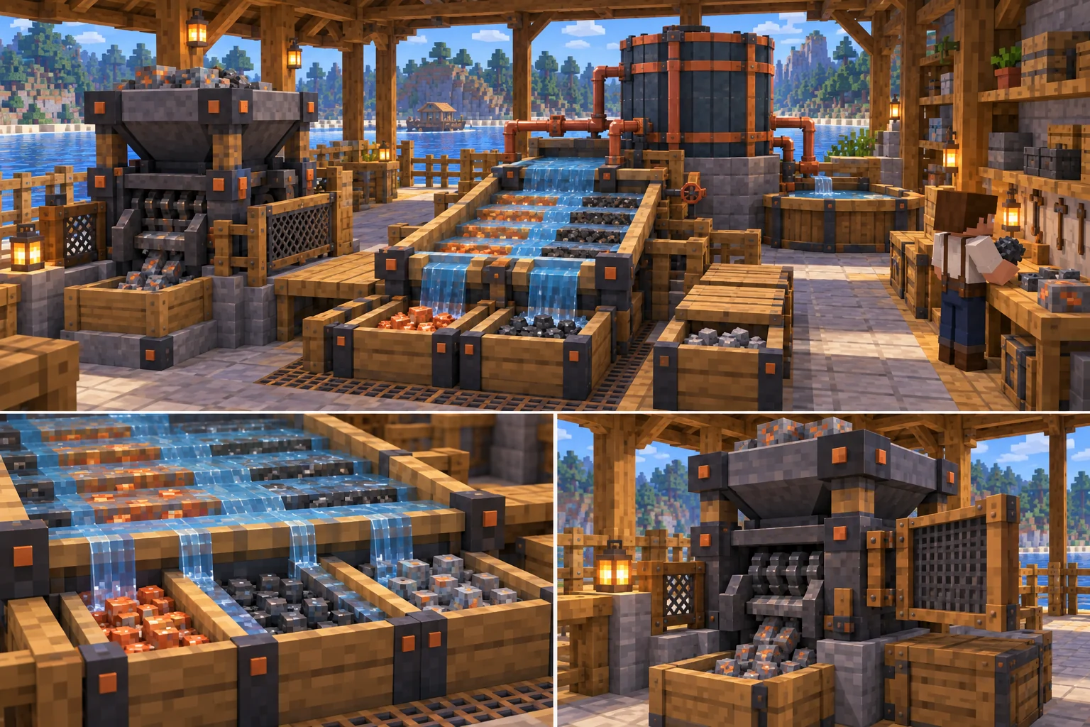 Minecraft workshop board with separate block-built crusher, wash table, water tank, dry aisle and lower detail views of material receivers and service access.