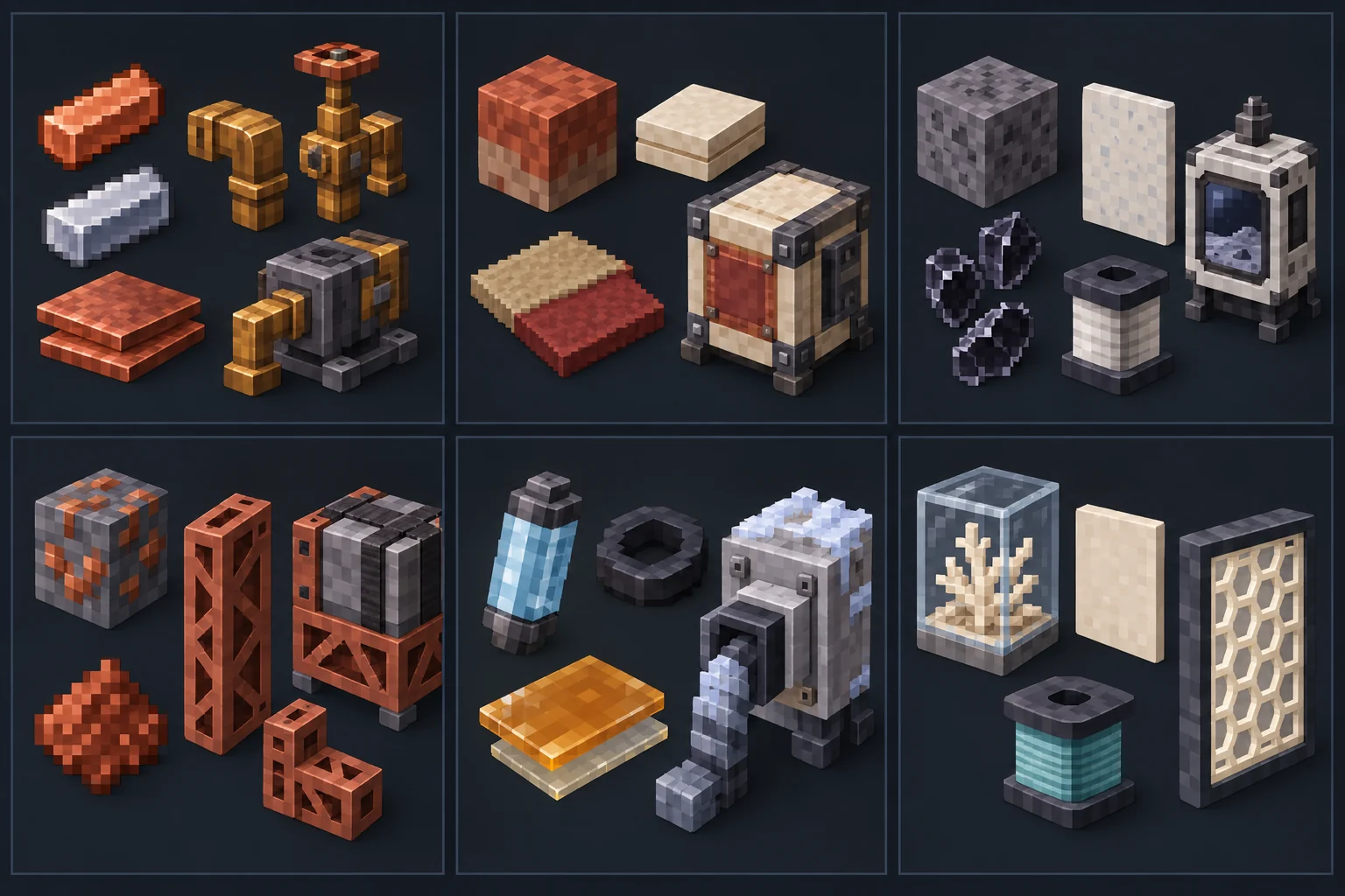 Six groups of simple pixel-textured material items and cuboid components on a dark background, showing coarse ingot silhouettes, clay, panels, sample blocks, lattice beams, sealed cartridges, spools and usable housings.
