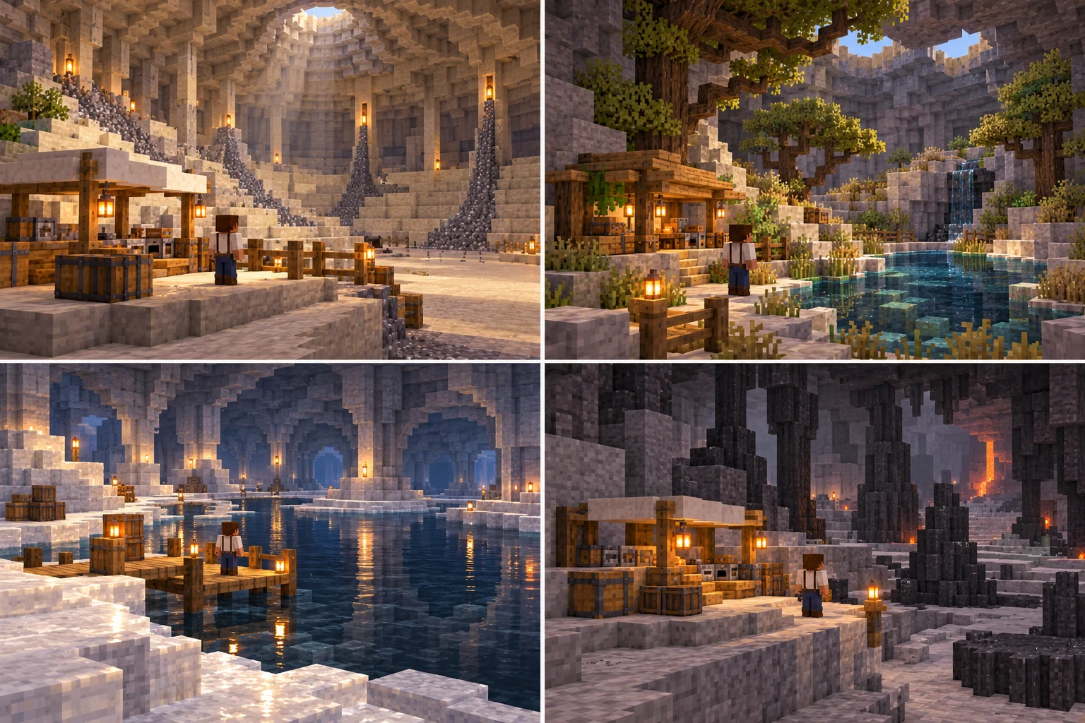 Four Minecraft cave environments show a dry pale dome, a sheltered wooded bowl with a pool, a dark basin with pale salt shores, and a quiet ash-grey basalt chamber. Each includes a small field shelter or route.