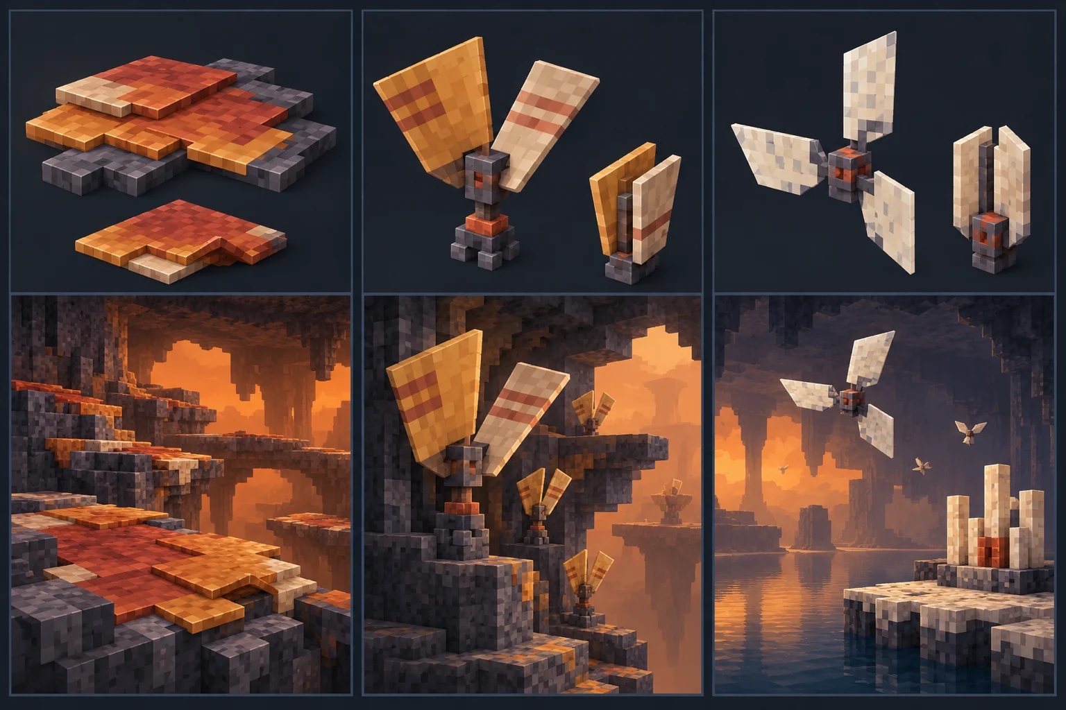 Three Titan concept columns show layered mat growth, broad folding fan planes and a drifting angular seed with simple sail-like fins, each above a sheltered orange-haze habitat.
