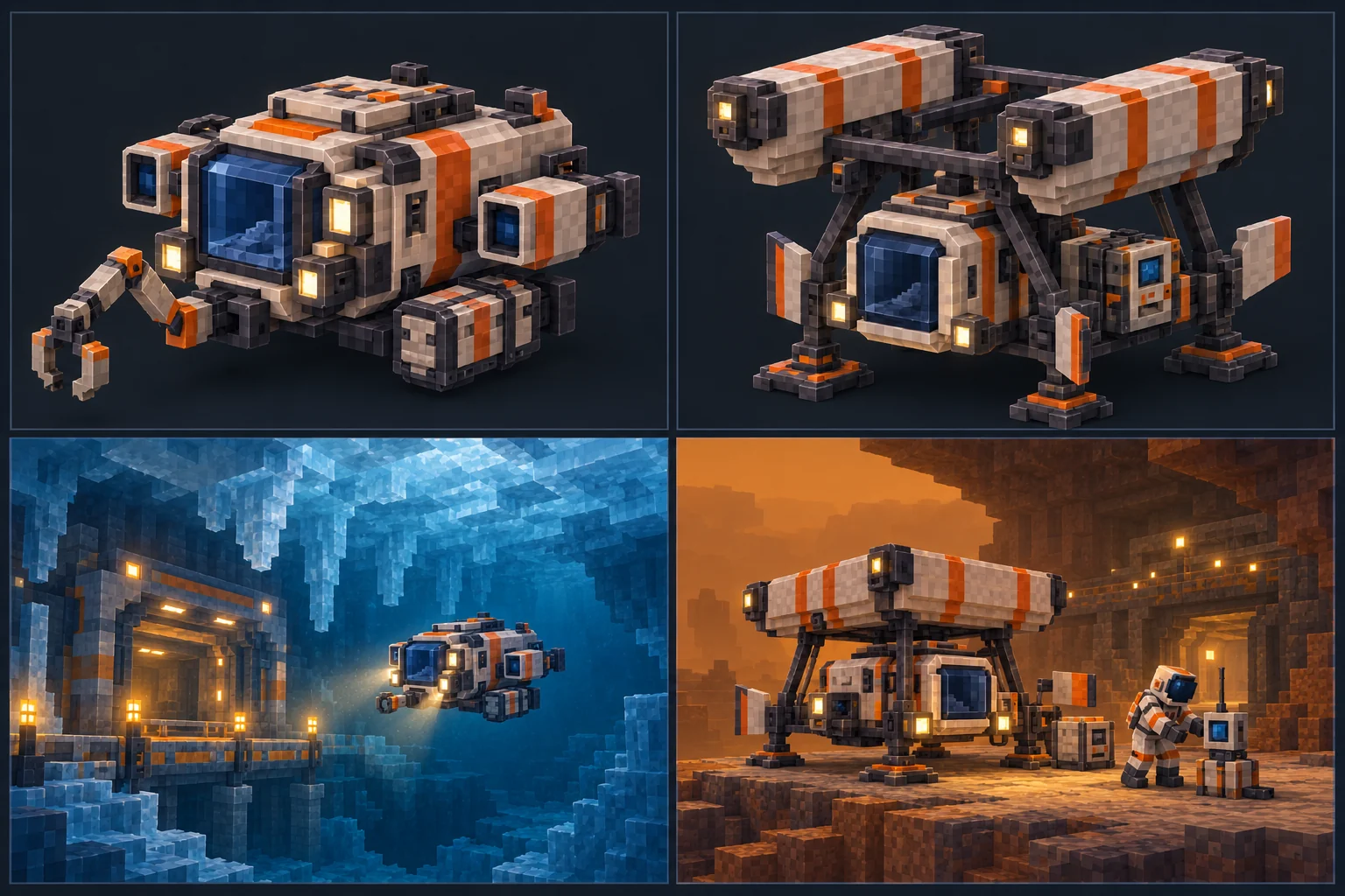 A compact block-built submersible and a braced lift-cell skiff, with scenes of the submersible approaching a dock beneath ice and the skiff secured beside a Titan field instrument.