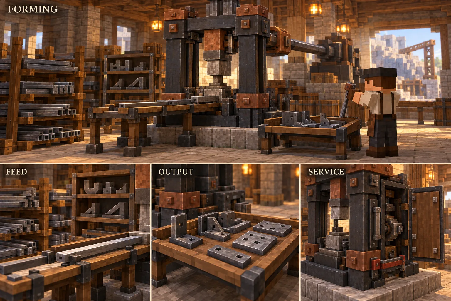 An iron and copper-brown block-built forming press in a timber-and-stone workshop, with stock feed on the left, a side operator lever and output tray on the right; lower details show feed stock, shaped plates and brackets, and an open stopped service cover.