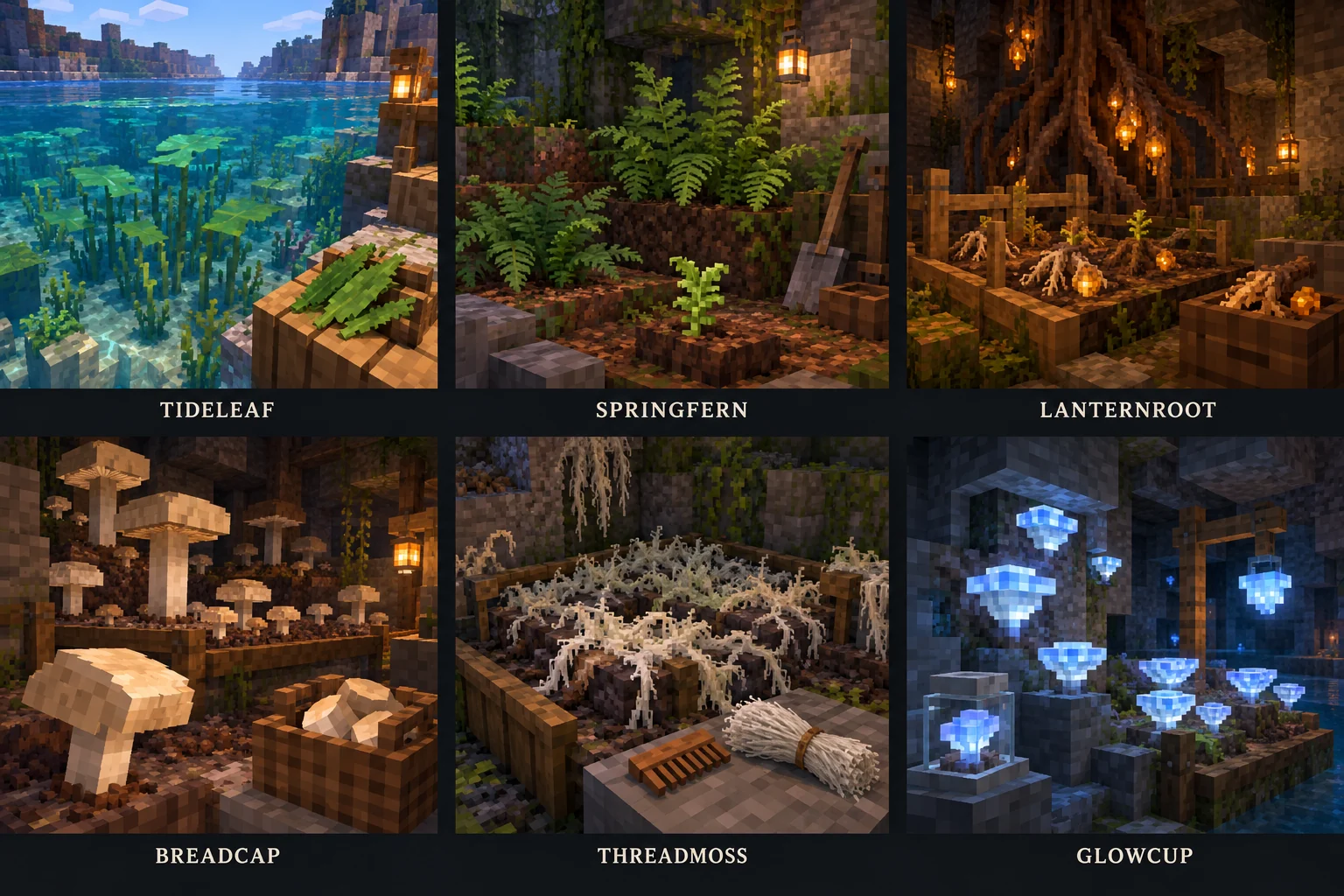 Six living sources show recognizable habitats, preserved growing bases, and manageable cultivation for food, fibre, resin, and route lighting.