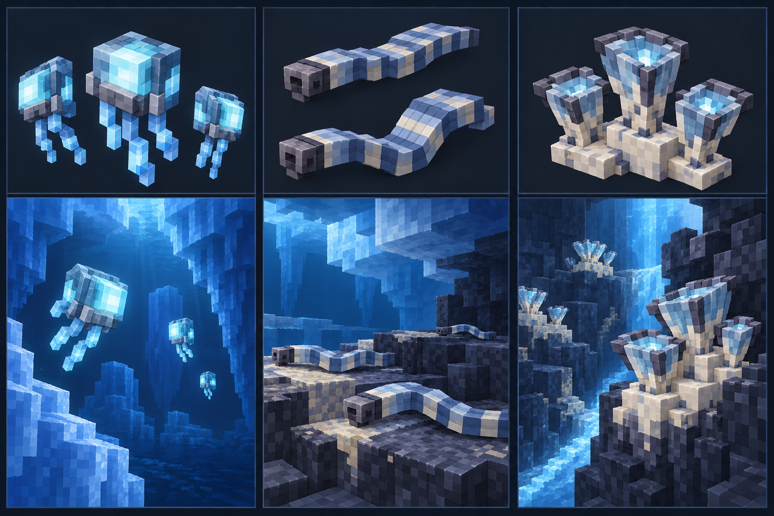 Three columns show blocky Europa ecological forms and their ocean habitats, distinguishing a drifting form, a ribbon-like grazer and attached filtering growth.
