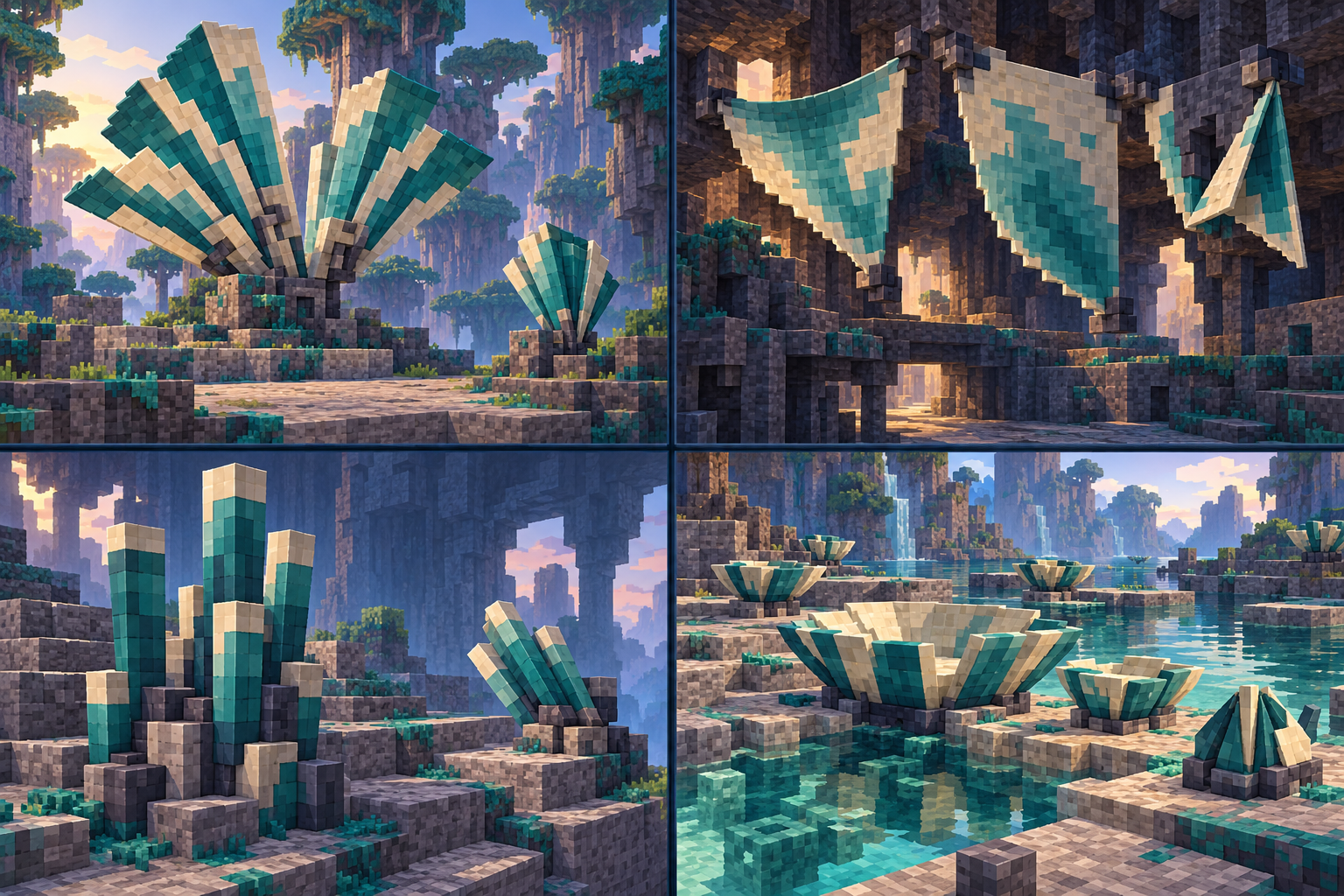 Four Minecraft ecological scenes on Morrow show broad fans, hanging membrane sheets, bundled grounded pillars and low basin colonies, with alternate postures and clear surrounding routes.