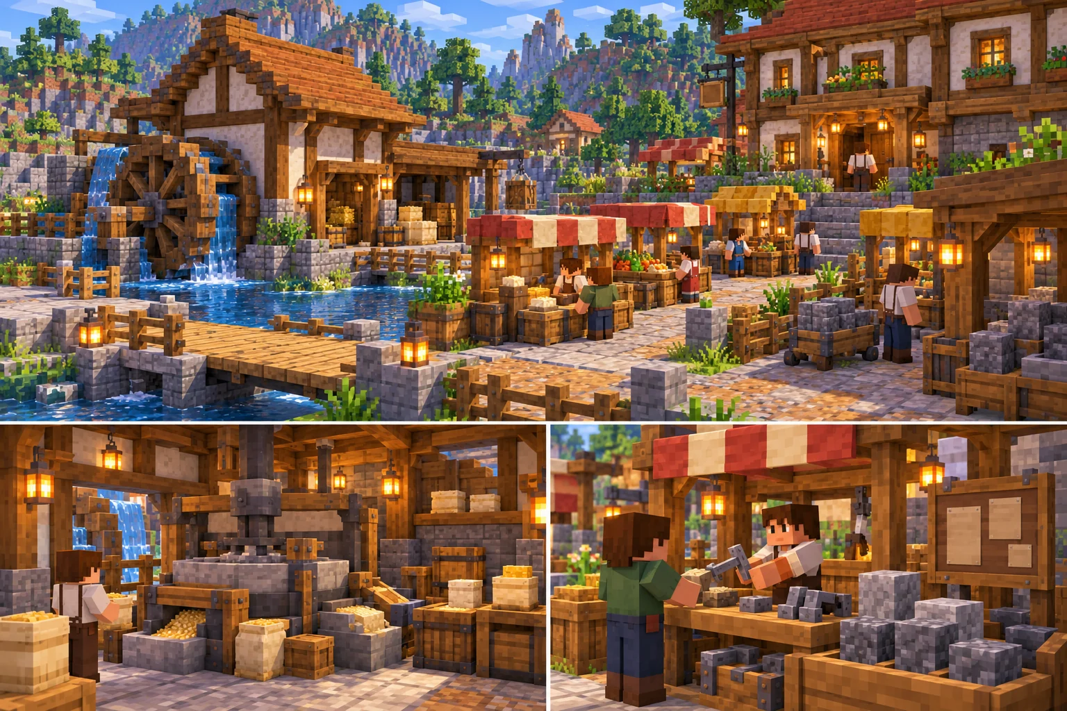 Minecraft valley market beside a waterwheel grain mill, workshop and repaired crossing, with smaller scenes of grain processing and a resident receiving a repaired tool.