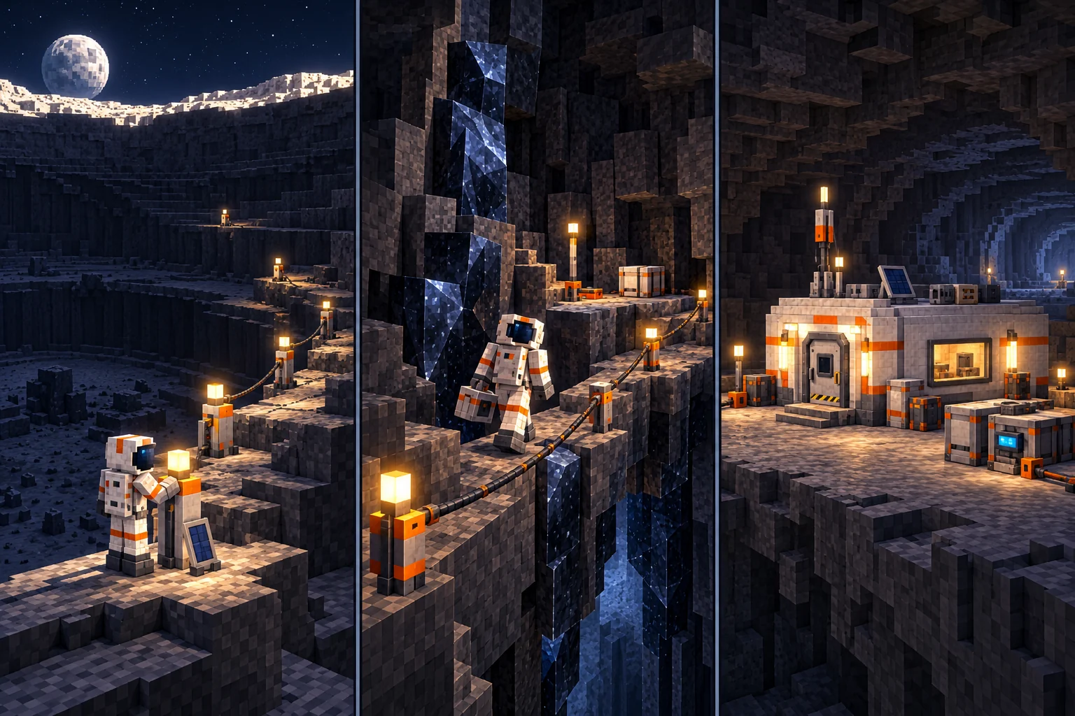 Three lunar scenes show a suited worker servicing basin relay posts, a supported ledge beside dark impact-glass seams, and a small closed-hatch workshop module inside a basalt gallery.