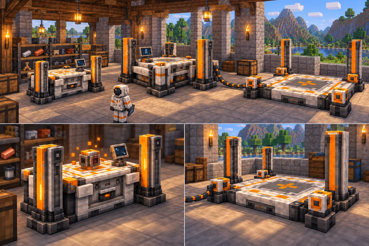 Minecraft workshop containing the narrower fabrication table, larger assembly station and a clearly separate floor berth connected by a segmented line, with detail views of fabrication and the empty berth.