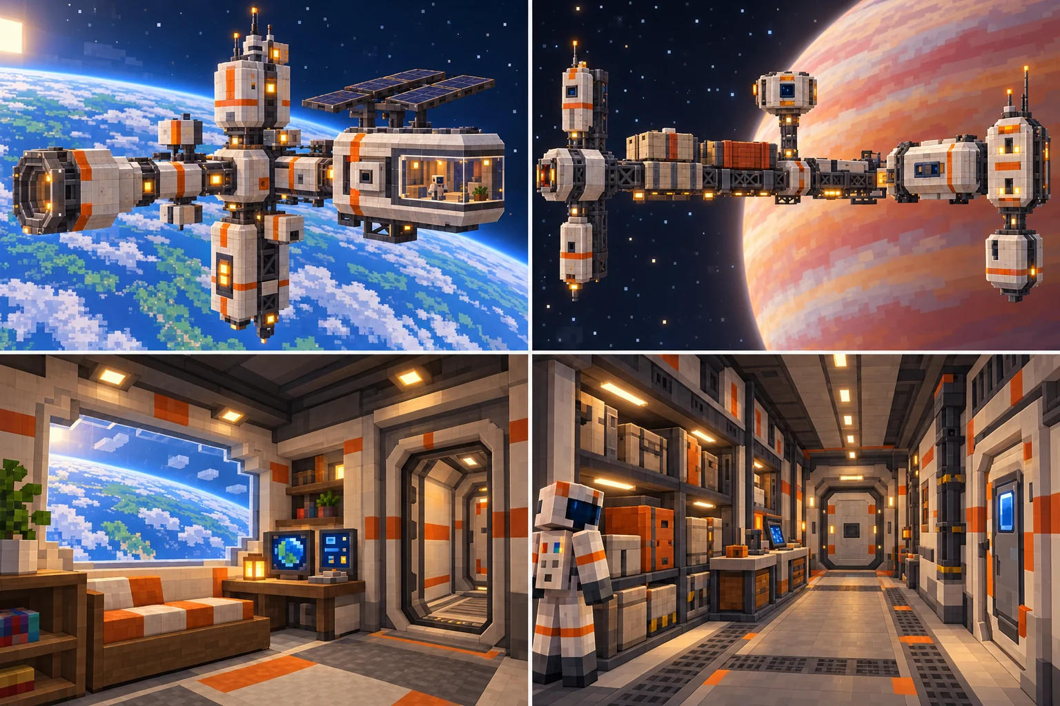 Four Minecraft station scenes: compact Anchorage above Earth, a longer cargo yard beside a banded gas giant, a warm Earth-view room with personal furnishings, and a storage corridor with a separate closed hatch and workbench.