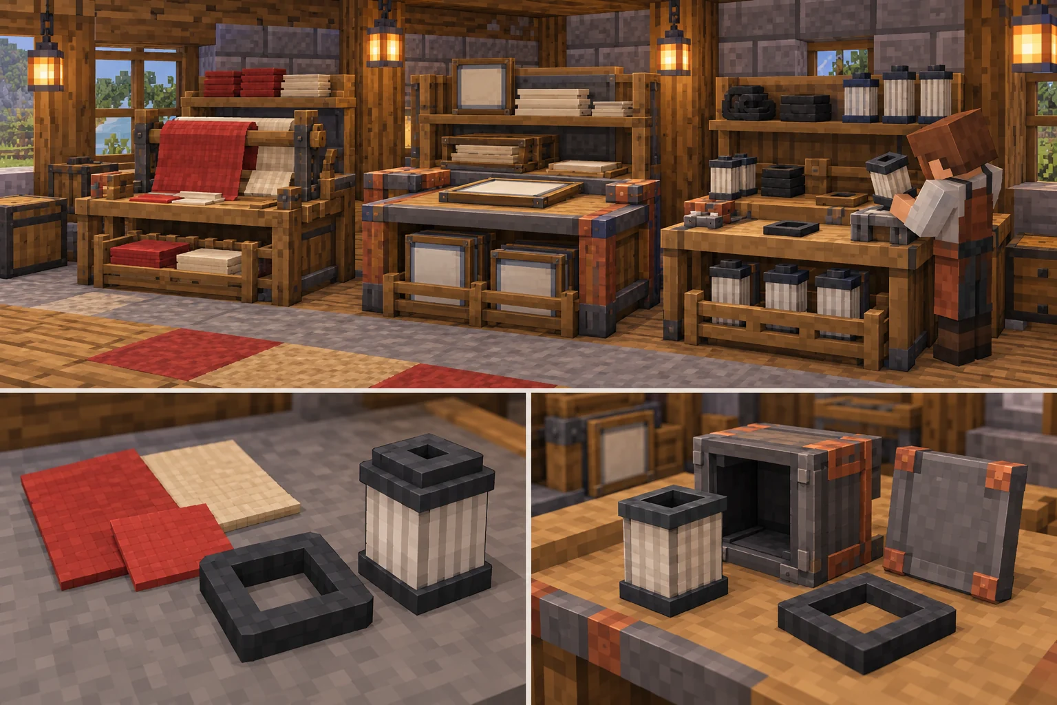 A textile frame, panel bench and seal/filter station with simple material and service details.