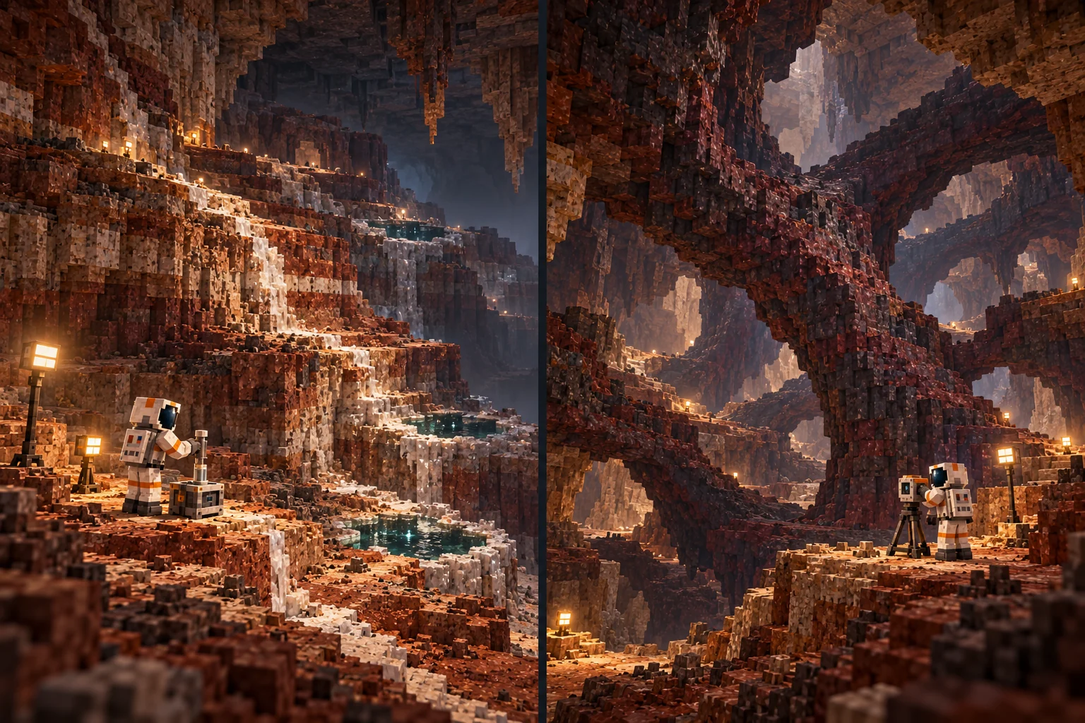 A suited sampler works at mineral terraces with isolated brine pockets; a surveyor studies huge connected dark geological ribs inside a separate cavern.