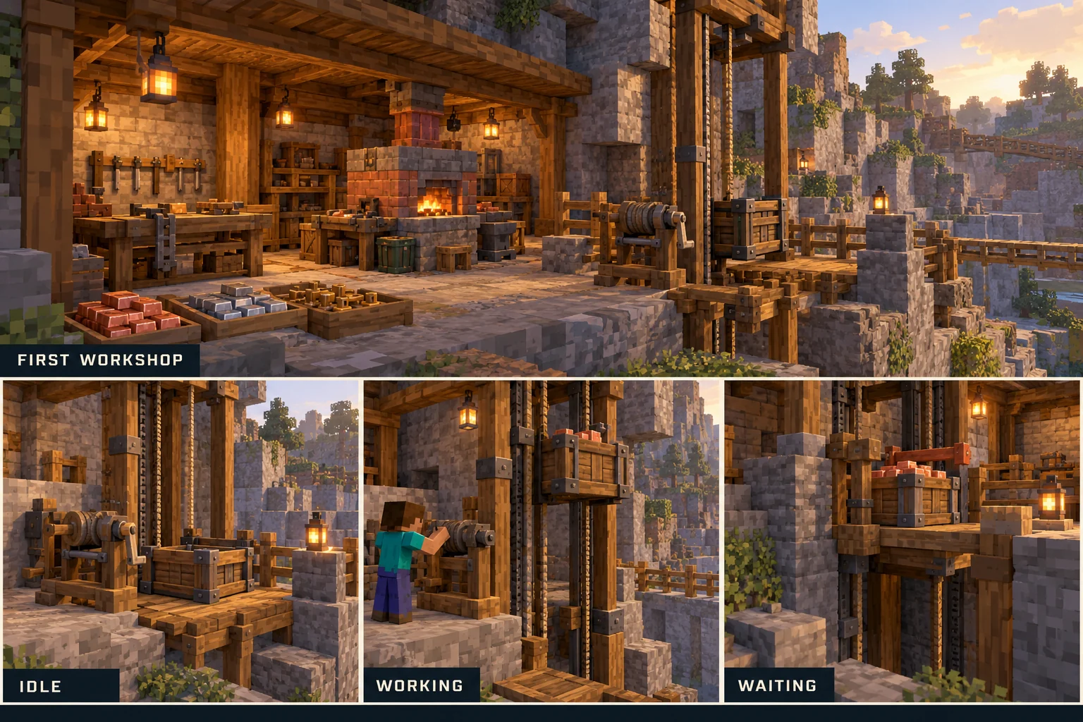 A practical quarry workshop joins bench work, small-batch alloying, and a hand-operated cargo hoist; physical poses show idle, working, and waiting states.