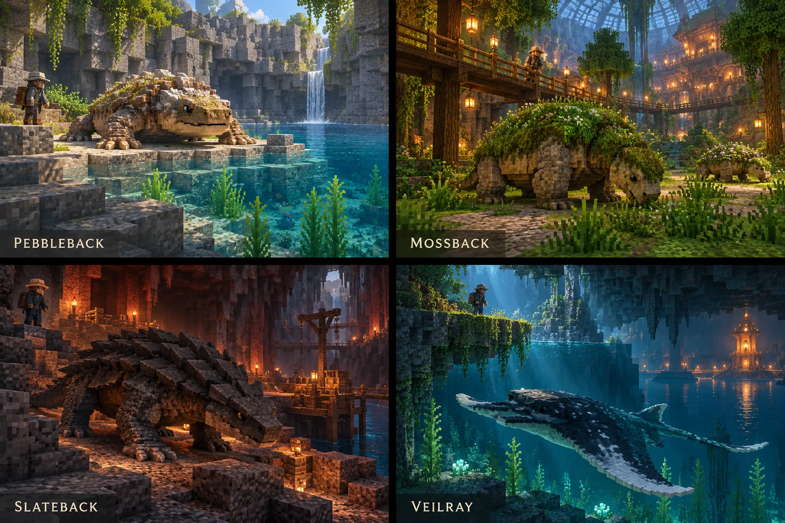 Four creatures connect observation to safer shorelines, a shared crossing, a territorial landing, and a prepared water route.