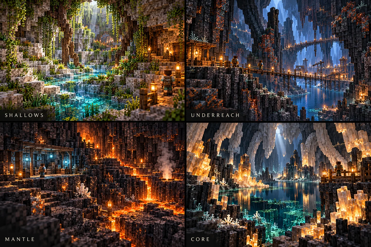 Earth — four more realm identities — Shallows, Underreach, Mantle, and Core receive an overview panel each. These are concept moods and example activities; the seven-realm diagram defines the relationships, and the complete text defines all 35 regional experiences.