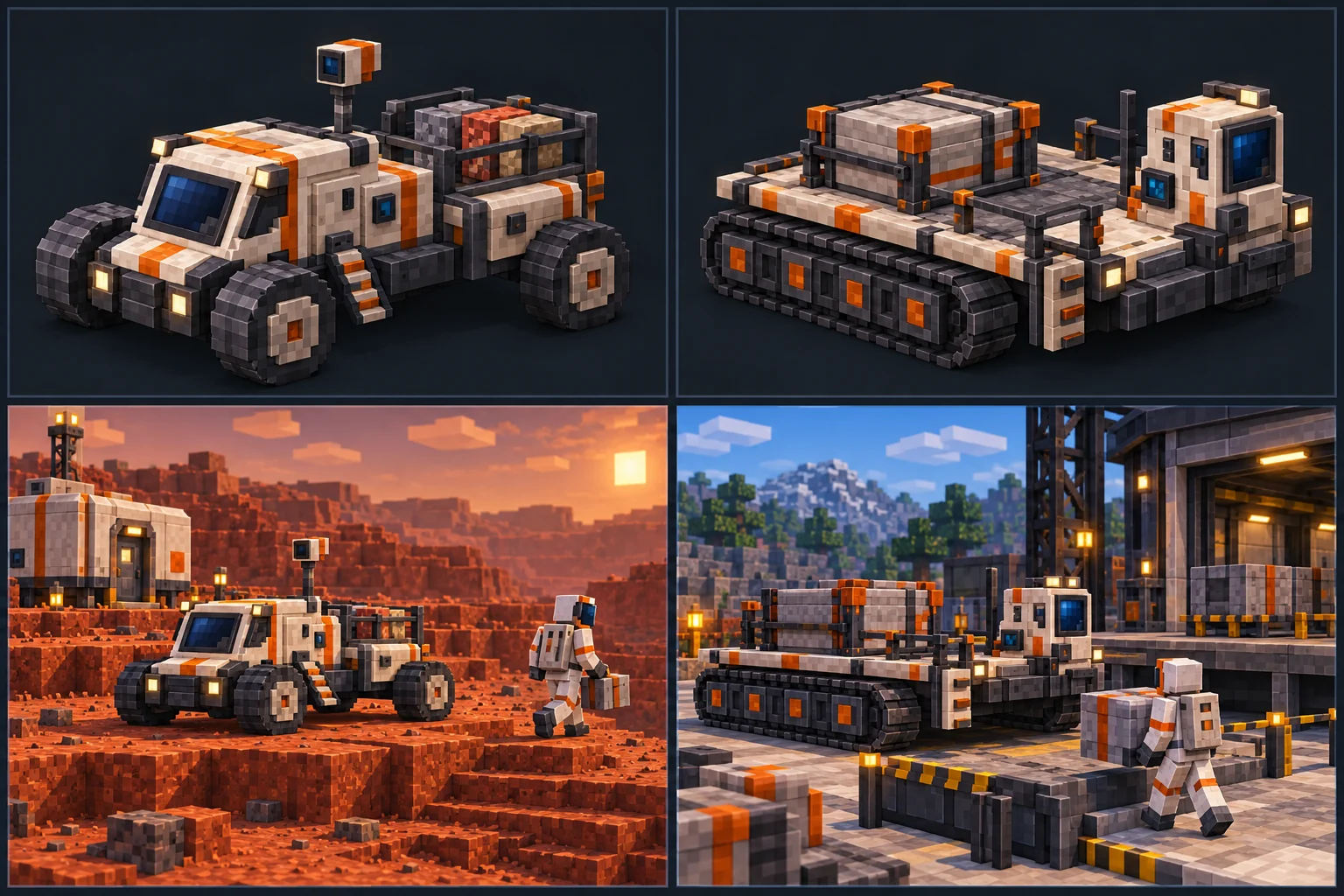 Two proposed Minecraft support vehicles: a low wheeled survey cab with rear sample rack and a tracked flat-deck cargo carrier, each shown alone and at a working stop.
