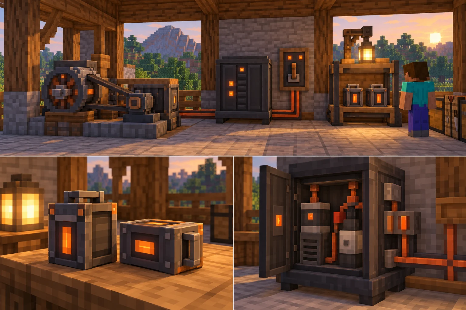 A Minecraft workshop with a mechanical source, storage cabinet, switchboard and charging rack above cell and service close-ups.