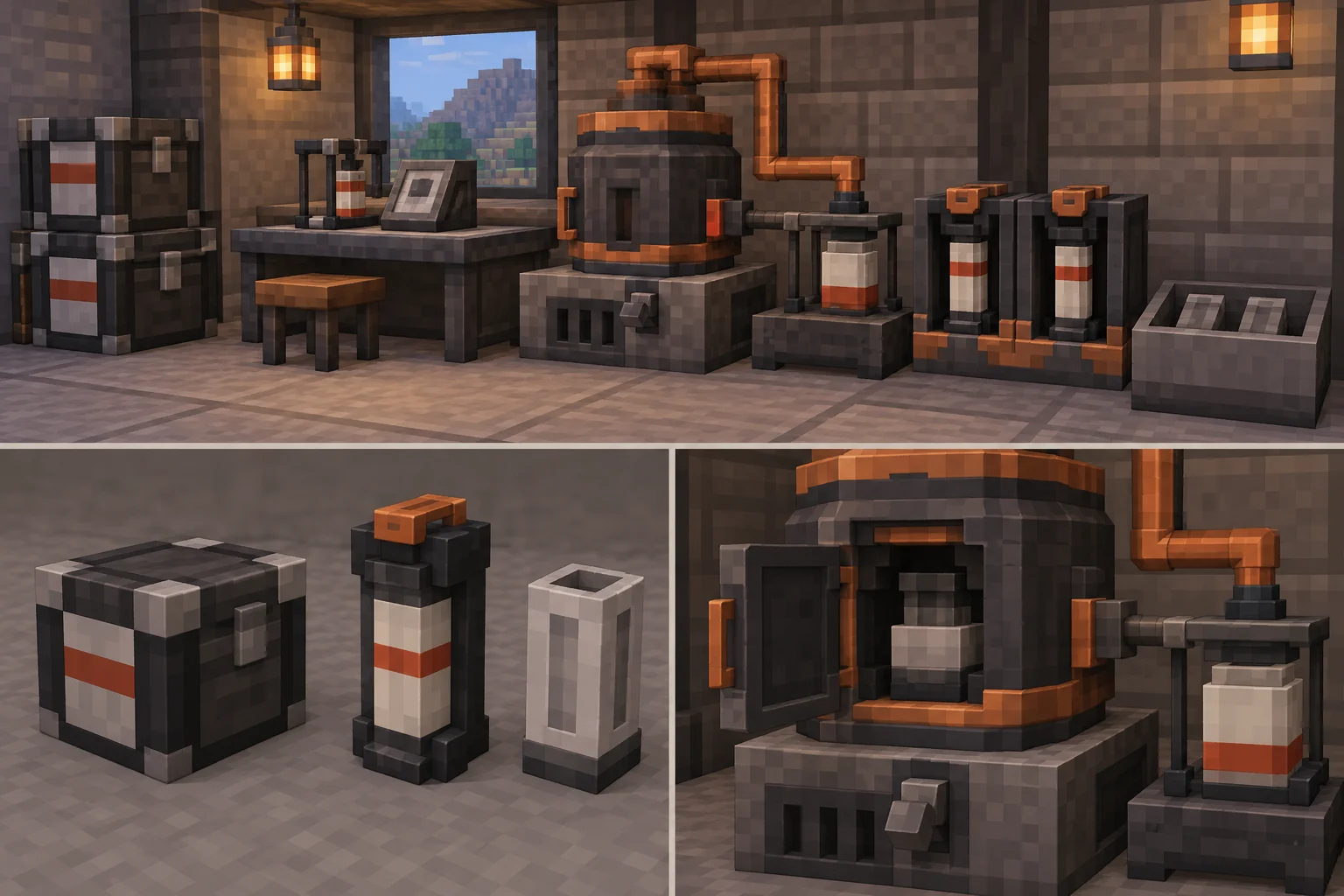 A compact sample workshop with closed input crates, an observation position, a process chamber and cartridge receiver.