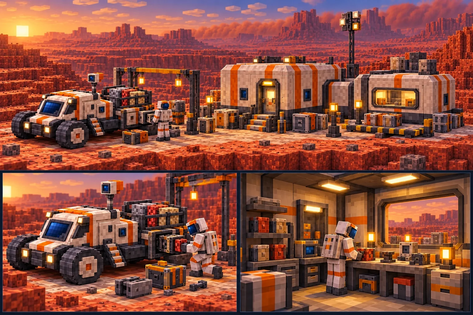 A modest Martian service yard above rover maintenance and an enclosed sample workroom.