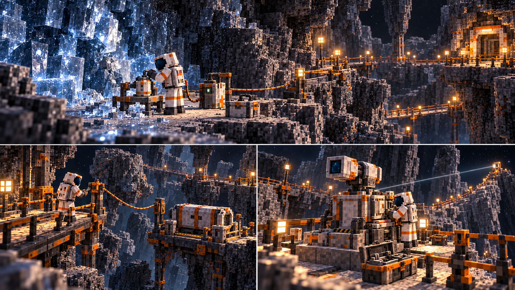 Ceres — Three campaign outings. A suited visitor closes a sample container at an illuminated ice face beside a small conditioning rig. The supported route leads to a visible warm refuge. A test load rests on a braced receiver across a gap while the operator adjusts the line from a separate guarded walking shelf. A bulky delivered instrument is mounted at a stable terminal with operator access, finite cases and a lit ordinary return line through the fractured spine.