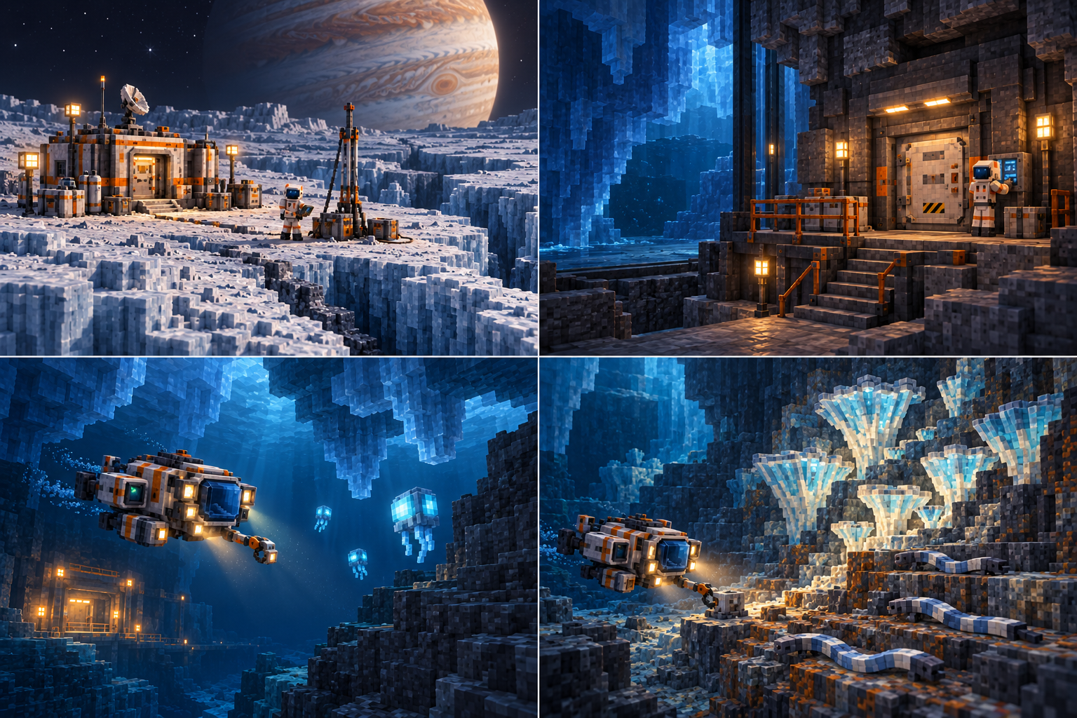 Europa — Four regions and their work. A small supplied refuge and surveyed bore position stand on pale fractured ice beneath a contextual Jupiter vista. The sealed visitor works from carried equipment. A suited operator works at a closed lock in a dry machinery recess beside thick framed glazing and blue ice/water beyond the boundary. The familiar compact SUP03 moves beneath hanging ice keels near a known warm dock. Sparse luminous cuboid drifters have short angular trailing parts. Attached pale cup/fan colonies and short broad segmented ribbon grazers occupy stepped mineral ground while SUP03 attends a nonliving instrument mount.