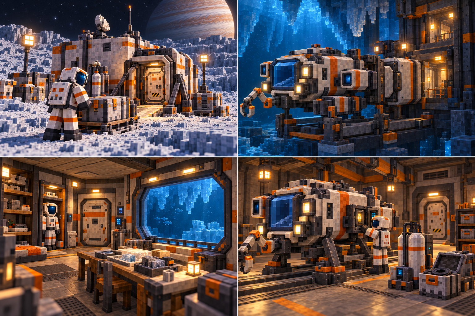 Europa — Base stages, occupied room and service. A sealed visitor checks finite imported cases outside a warm protected entrance on the ice. The established SUP03 rests in a supported underwater cradle beside a short sealed connection to the base. A thick framed window, closed hatch, dry floor, benches and finite mineral trays make the warm room's use legible. The familiar craft sits supported while a suited technician accesses its side service face. A removable module, separate cylinders and a finite gasket case have real receiving space.