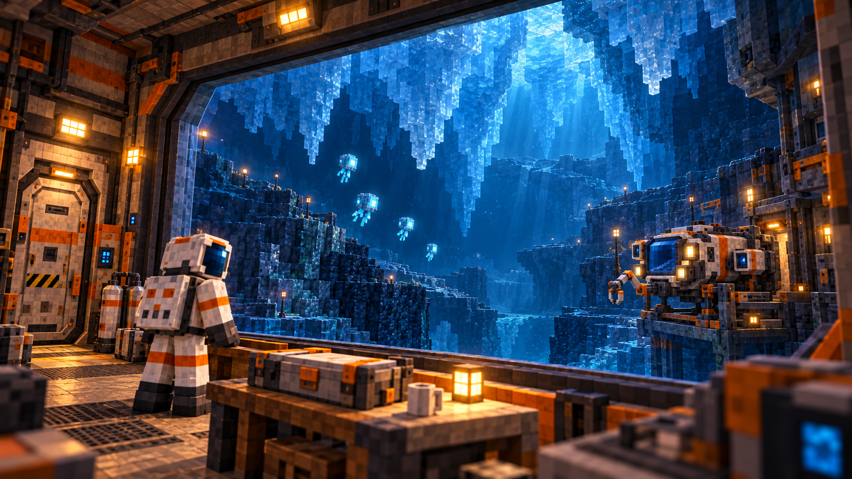 Europa — First view of the Lantern Ocean. A suited observer stands inside a dry room beside a closed sample case and side hatch. Beyond thick framed glazing lie immense hanging ice keels, sparse luminous cuboid drifters, fixed terrain markers and the familiar SUP03 captured at the right-hand dock.