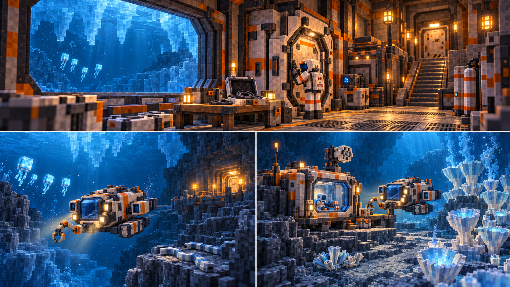 Europa — Three campaign outings. An operator services the closed dry lock with a finite gasket spare while a clear stair return and ocean glazing remain visible. SUP03 approaches a known warm dock beneath hanging keels, with luminous drifters and a short broad segmented ribbon grazer occupying the surrounding terrain. A protected windowed annex and housed observation head stand on nonliving ground beside intact attached pale cup/fan colonies. SUP03 floats nearby.