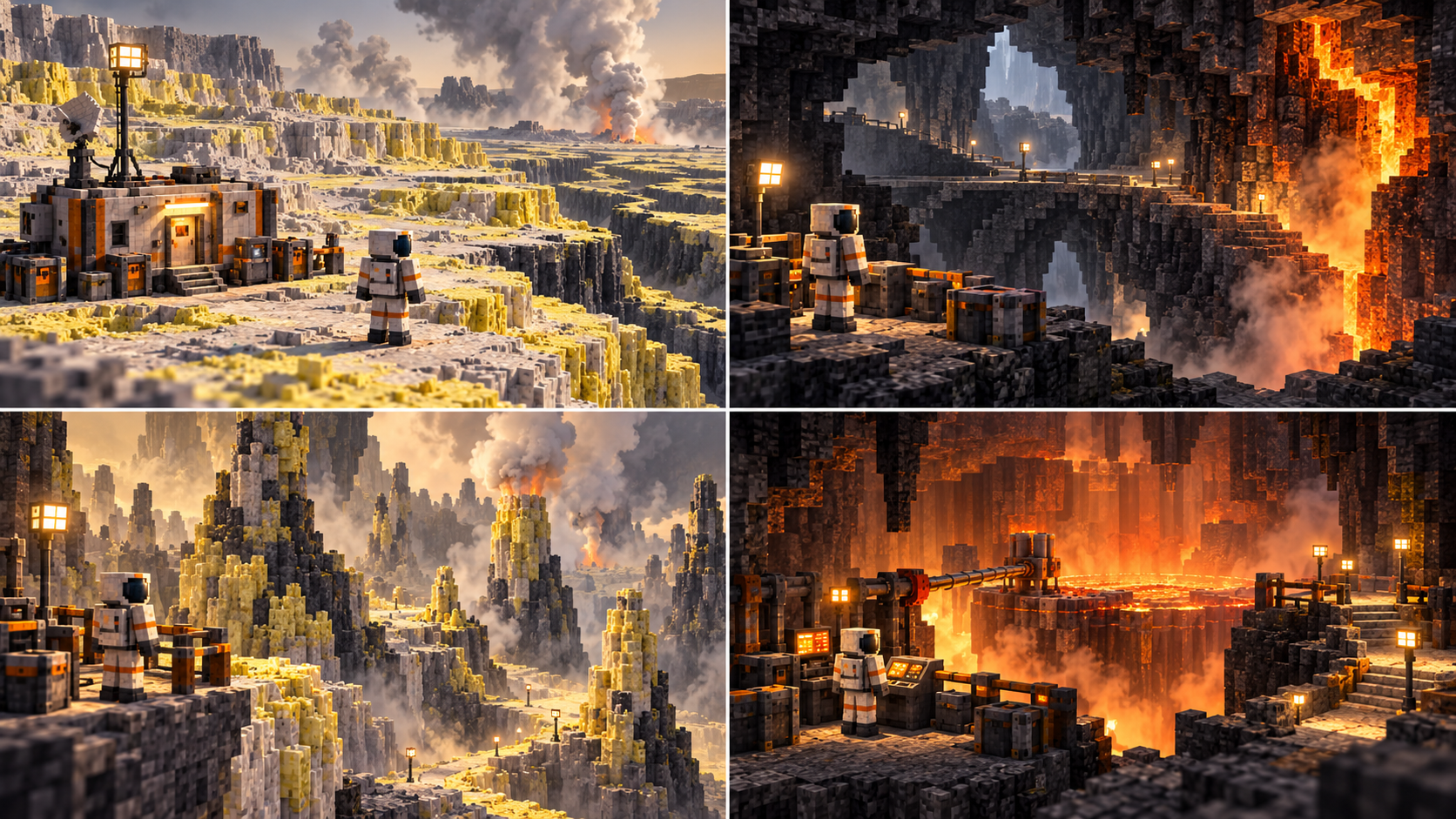 Io — Four regions and their work. A supplied refuge and sealed observer occupy a stable terrace, with sulfur crust and distant localized volcanic plumes. A visitor pauses behind a barrier beside a hot seam while a lamp-marked ordinary bypass continues through dark block rock. Branching sulfur-crusted mineral chimneys and a guarded observation ledge establish the region's identity and route. A guarded operator position and a real arm address a natural hot source from peripheral stable ground with an ordinary lit return.