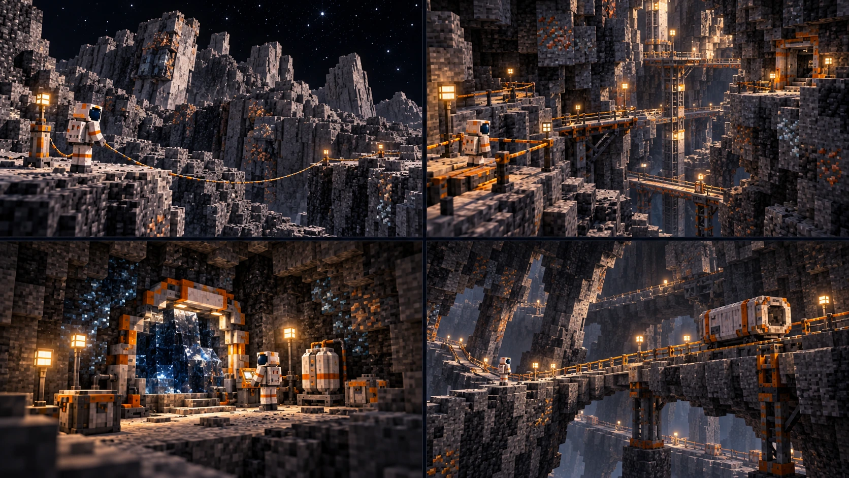 Four Minecraft Ceres scenes show fractured exposed ridges, braced rubble passages, a local blue ice sampling pocket and continuous anchor-bearing rock ribs with cargo access.