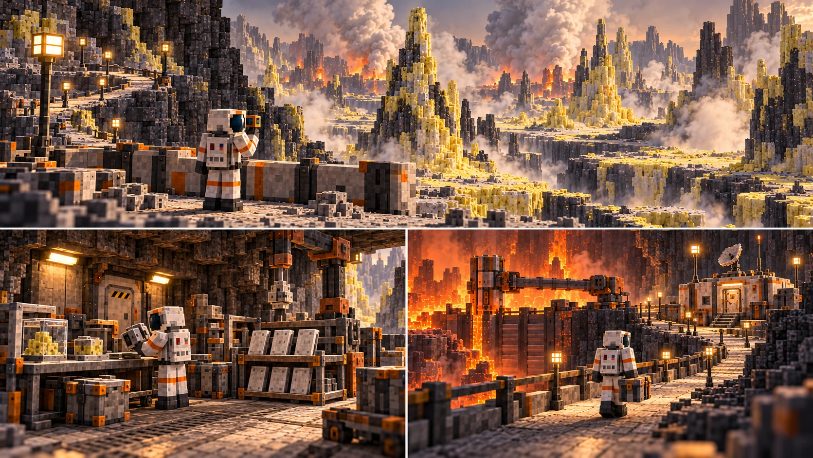 Io — Three campaign outings. A sealed visitor surveys sulfur-crusted mineral chimneys from behind a substantial shield. A lit stepped route rises back into shelter while local plumes occupy exposed ground. Separate mineral sample jars, latched cases, enclosure panels in a real rack and a stopped overhead fitting occupy a sheltered service bay. An operator holds a removable fitting by the bench. A visitor carries one latched case along a guarded lit path toward the warm refuge. A large mechanical gate and stationary arm separate the ongoing natural furnace from the quiet installation.
