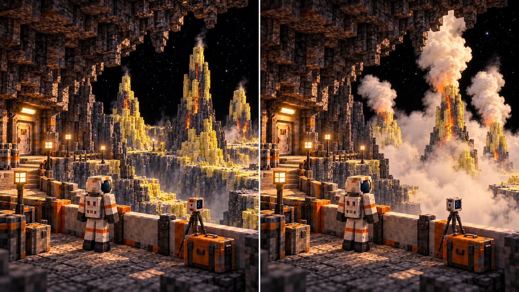 Io — Same-site regional activity. At the sheltered same-site station, three sulfur-encrusted mineral chimneys remain legible across the gap with small vent wisps. The case, survey instrument, shield and ordinary refuge route establish a usable pause. The same apertures produce denser local plumes beyond the protected station. The same foreground floor, shield, lamps, case and refuge route persist.