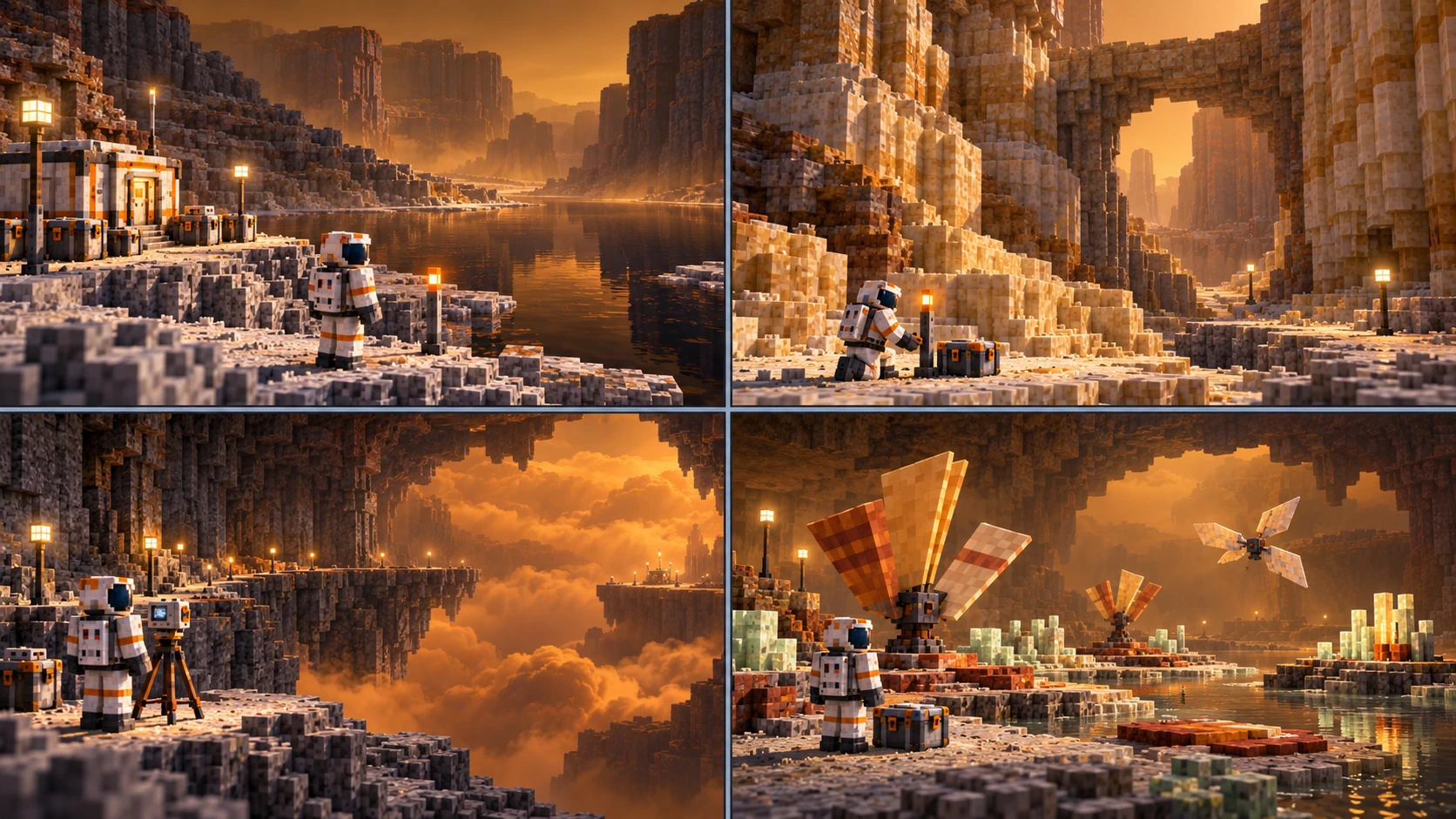 Titan — Four regions and their work. A raised pale shore holds a compact sealed refuge, finite closed cases, lamps and a ground explorer above an unfamiliar dark lake, with the shore continuing toward a canyon through amber haze. A suited visitor works beside a physical marker and latched case at a broad stepped pale-ochre canyon junction below an angular stone arch. A sheltered observer and tripod face a vast roofed amber cloud volume, near fixed lamps and a recognizable far receiver. Low layered mat pads, broad anchored angular fans and a cuboid sail-form drifter occur in separated patches around calm mineral pools. The observer, closed collector and lit exit stand on bare ground.