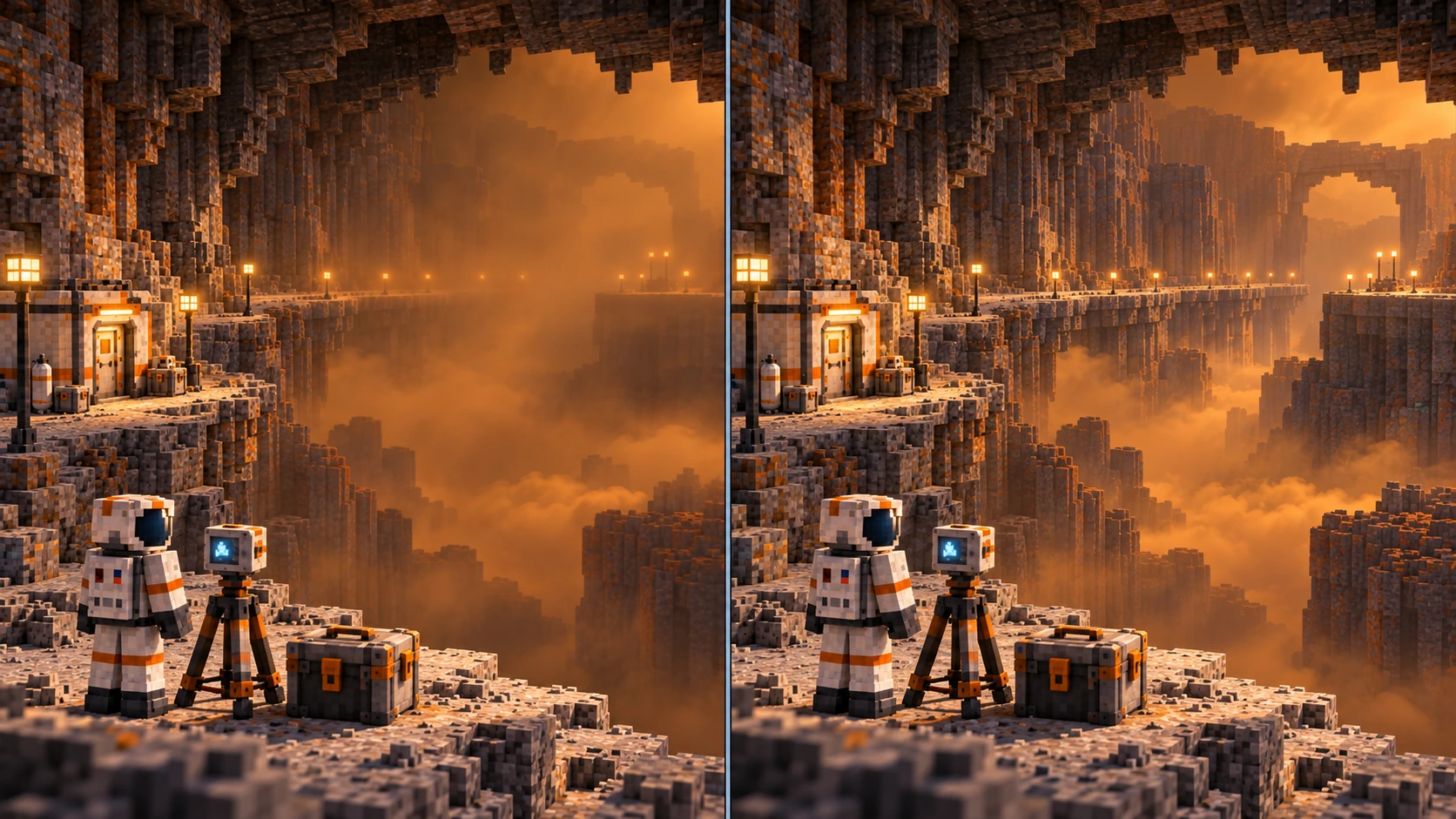 Titan — Same-site weather and grounded return. Amber haze veils the far receiver and arch while the near instrument shelf, closed case, observer, left-wall ledge and lit sealed shelter remain visible. Thinner haze reveals the same rock arch, receiving shelf and lamps without changing the observer, case, instrument, shelter or near rock-bound route.