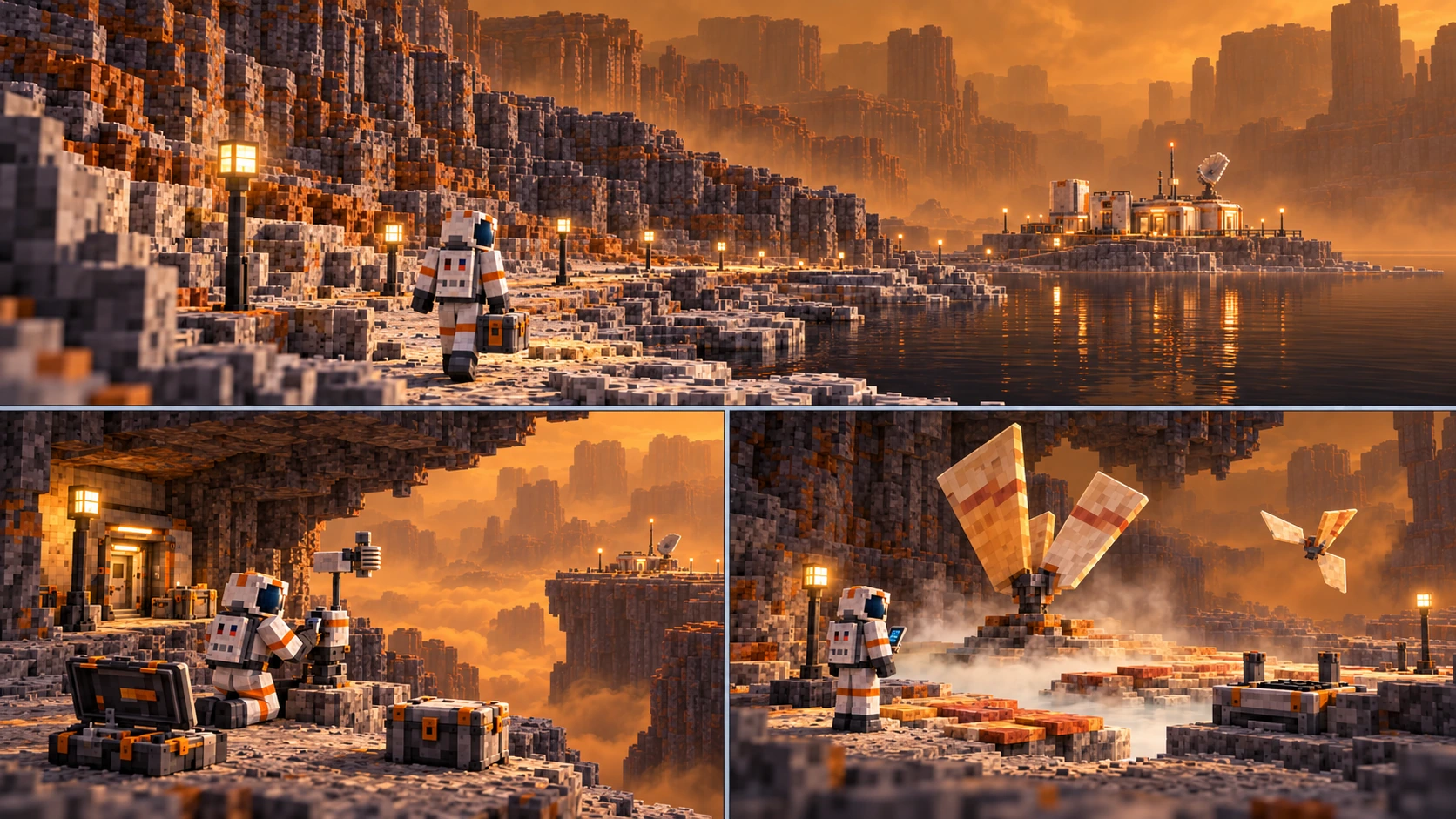Titan — Three campaign outings. A sealed explorer carries one latched case along the lamp-marked raised shore toward Harbor Lantern above the dark lake. A suited operator fastens an instrument to a bare-rock plinth beside an open tool case and separate latched sample case. The warm nearby shelter and far receiver are recognizable. An observer records from bare stone outside a local vapor band around an anchored fan and low mats. One cuboid sail-form seed occupies the short space above a prepared collector shelf.