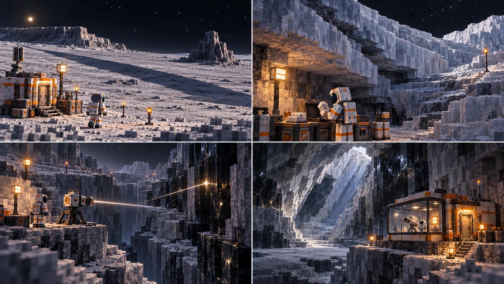 Pluto — Four regions and their work. A small supplied refuge and observer face pale open frozen ground, one low ridge and a modest dark protrusion casting long shadows. Physical lamps mark ordinary ground under black space. Broad frozen slabs shelter a warm bench where a visitor handles one layered sample beside an open protective case, with a lamp-marked stepped return. A housed optic on stable ground addresses a dark broad mineral face across the rift. Physical markers and route lamps remain independent of the stylized light trace. Aligned pale/dark natural faces surround a mostly intact chamber. A small glazed player-built annex has a closed side hatch, optical instrument, actual floor and ordinary exit steps.