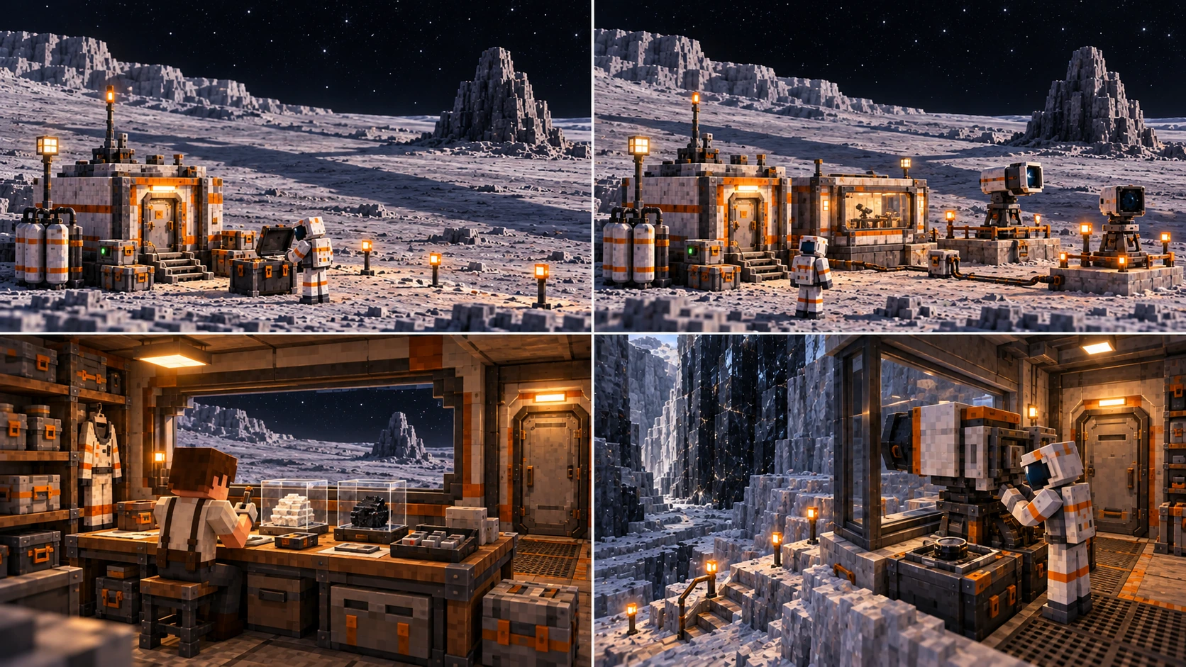 Pluto — Base stages, occupied room and service. A visitor checks a finite case at a small warm hut beside separate cylinders and conventional service housing, with a physically marked frozen approach. The original refuge gains a modest comparison room and two housed instruments on accessible low plinths with conventional cables to service stock. Inside the warm commissioned room, a person compares separately enclosed pale and dark specimens with familiar tools, a record tray, suit storage and a clear closed hatch. A suited technician accesses the back of a housed optic beside a real receiver tray. Thick glazing faces intact dark geology and ordinary lit steps provide the local return.