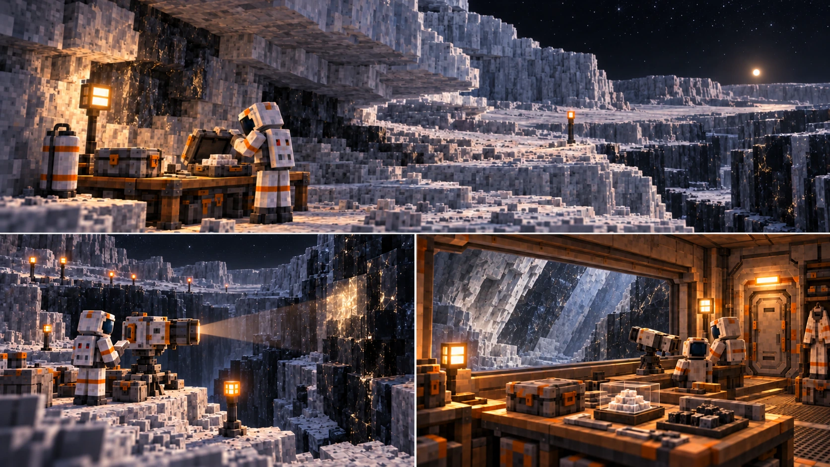 Pluto — Three campaign outings. A sealed explorer brings the lid toward one Memory Frost case beneath broad sheltering slabs, beside separate carried stock, lamp and a marked stepped return. A housed instrument illuminates a broad dark face while the observer stands on a supported ledge with a physical record. Nearby lamps and ordinary route remain independent. Two suited occupants and a small serviceable optic face the intact deep Quiet Lens through thick glazing. Returned mineral cases, familiar tools and a record tray sit beside a clear closed exit.