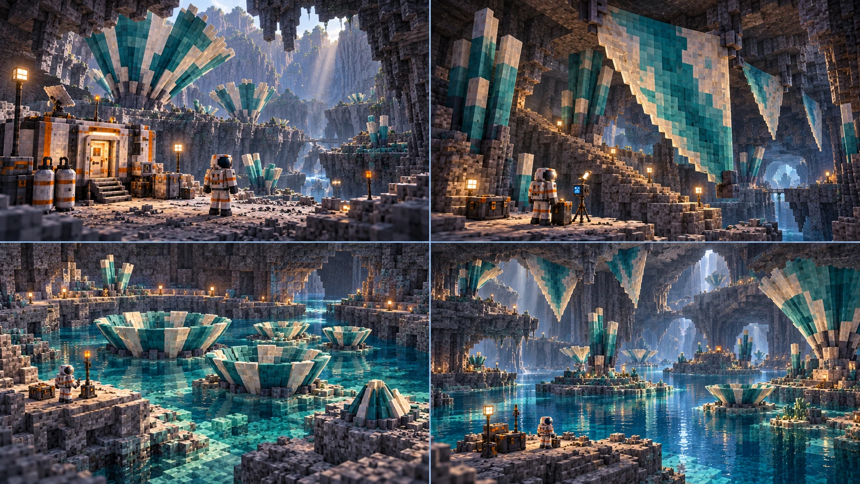 Morrow — Four regions and their work. A conventional sealed refuge, separate cylinders and finite closed cases stand on bare grey stone below broad teal/cream fan growth. A suited observer and physical markers use ordinary stone clearings between selected bundled forms. Thick bundled pillar contacts and broad hanging teal/cream sheets frame a massive rock cavern. The sealed observer, closed case and instrument occupy a stable ordinary ledge beside a lit stone side route. Broad open basin colonies and one squat folded colony occupy a local shallow mineral basin. A suited observer, finite cases and marker stand on a raised shelf above low optional steps, with higher ordinary rim access. A vast roofed cavern joins luminous teal waters, mineral islands and coherent fans, hanging sheets, bundled columns and basin bowls. A tiny supplied observer position sits on a bare foreground shelf, with several other ordinary shelves visible.