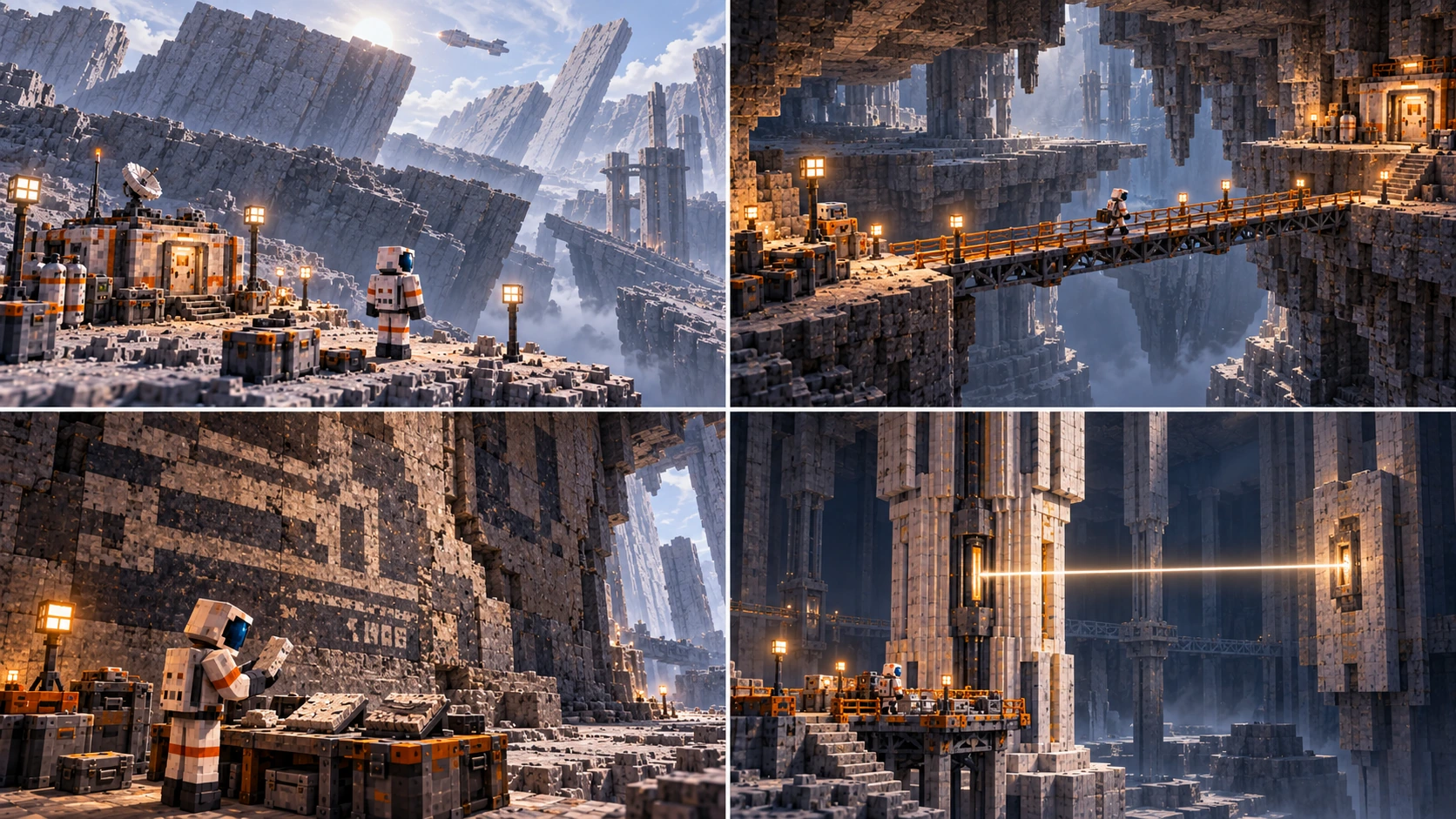 Cairn — Four regions and their work. An imported white/orange refuge, separate cylinders, closed finite cases and ordinary lamps sit on a firm bare shelf beneath enormous tilted pale plates. A fully sealed observer faces the conventional return approach; a tiny distant ship has the bulbous habitat, thin span and aft massing of the corrected Far Lantern family. Echoing ceiling and floor terraces surround a clearly trussed, railed bridge joining two competent ordinary ledges. A sealed traveler carries a finite case toward the lamp-marked stair and refuge while remaining bridge stock rests at the near supported end. The intact wall carries broad overlapping incomplete geometric strata. A sealed observer compares a separate held plate with two laid-out records at a portable table, beside finite cases and a supported ordinary side route. One coherent pale column installation presents a single local luminous channel and restrained beam to a separate visible receiver. A tiny ordinary service gantry, sealed observer, cases and escape stairs remain distinct from the monumental installation.