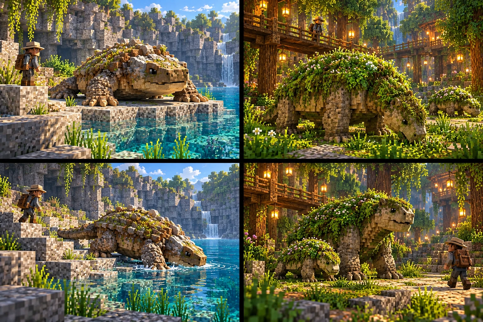 Pebbleback basks on a waterside stone.; Pebbleback retreats into water as an explorer leaves distance.; Mossback grazes with plants over its broad back.; Mossback raises its protective stance near a young animal while an explorer gives distance.