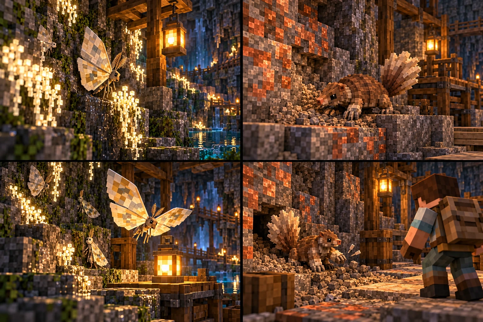 Wickmoth perches with its patterned wings raised, rather than fully folded.; Wickmoth opens its wings toward an ordinary warm lamp.; Tunneltuft works a finite mineral pocket.; Tunneltuft makes a forefoot warning near its den while a player gives distance.
